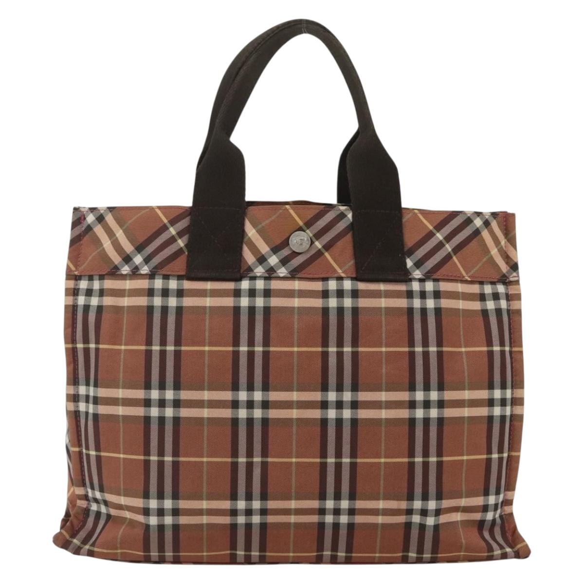 BURBERRY Nova Check Blue Label Tote Bag Nylon Brown Silver Auth SW2027