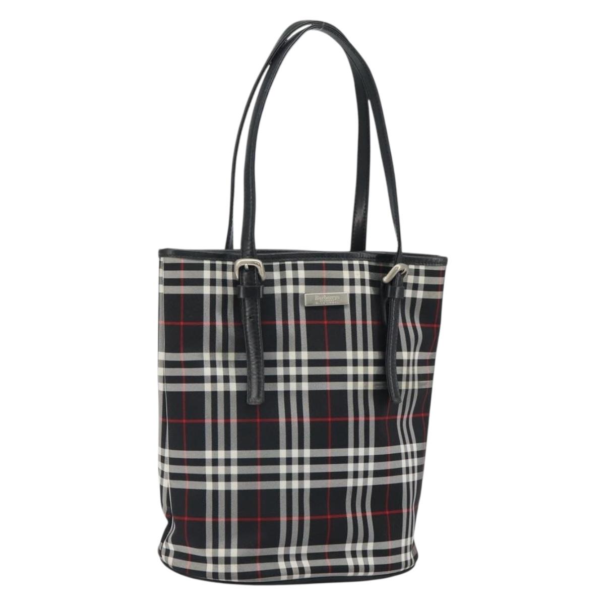 Burberrys Nova Check Blue Label Tote Bag Nylon Black Silver Auth SW2032
