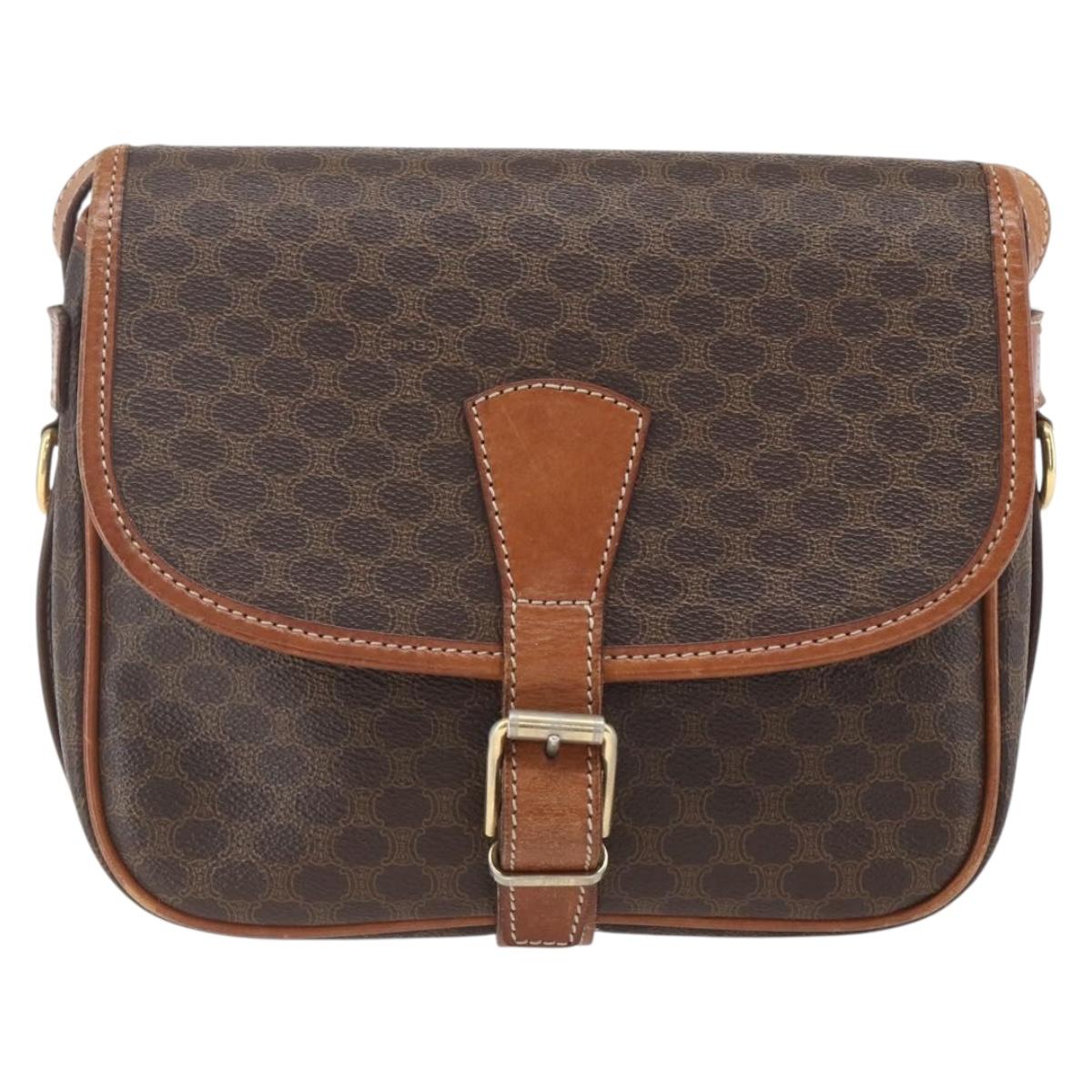 CELINE Macadam Canvas Shoulder Bag PVC Leather Brown Gold Auth SW2036