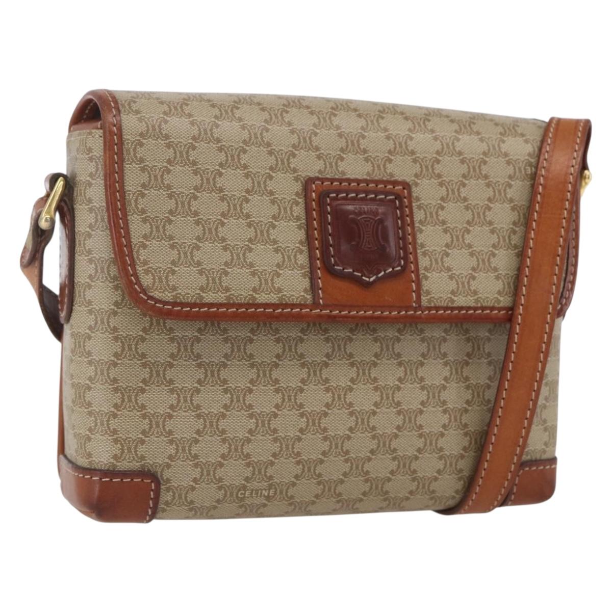 CELINE Macadam Canvas Shoulder Bag PVC Beige Gold Auth SW2037