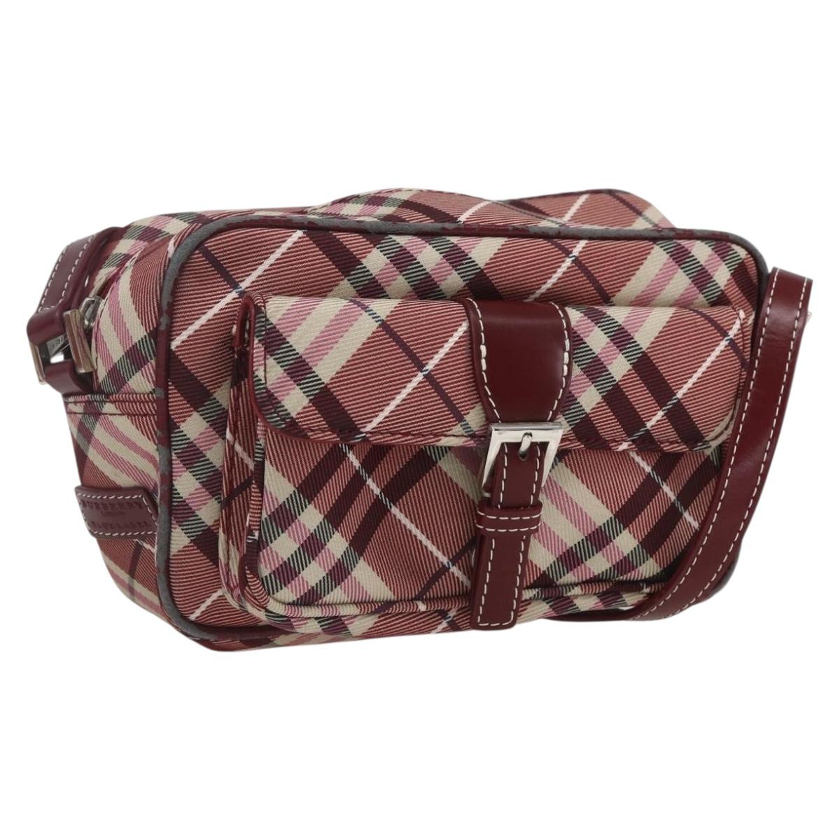 BURBERRY Nova Check Blue Label Shoulder Bag Nylon Red Silver Auth SW2039