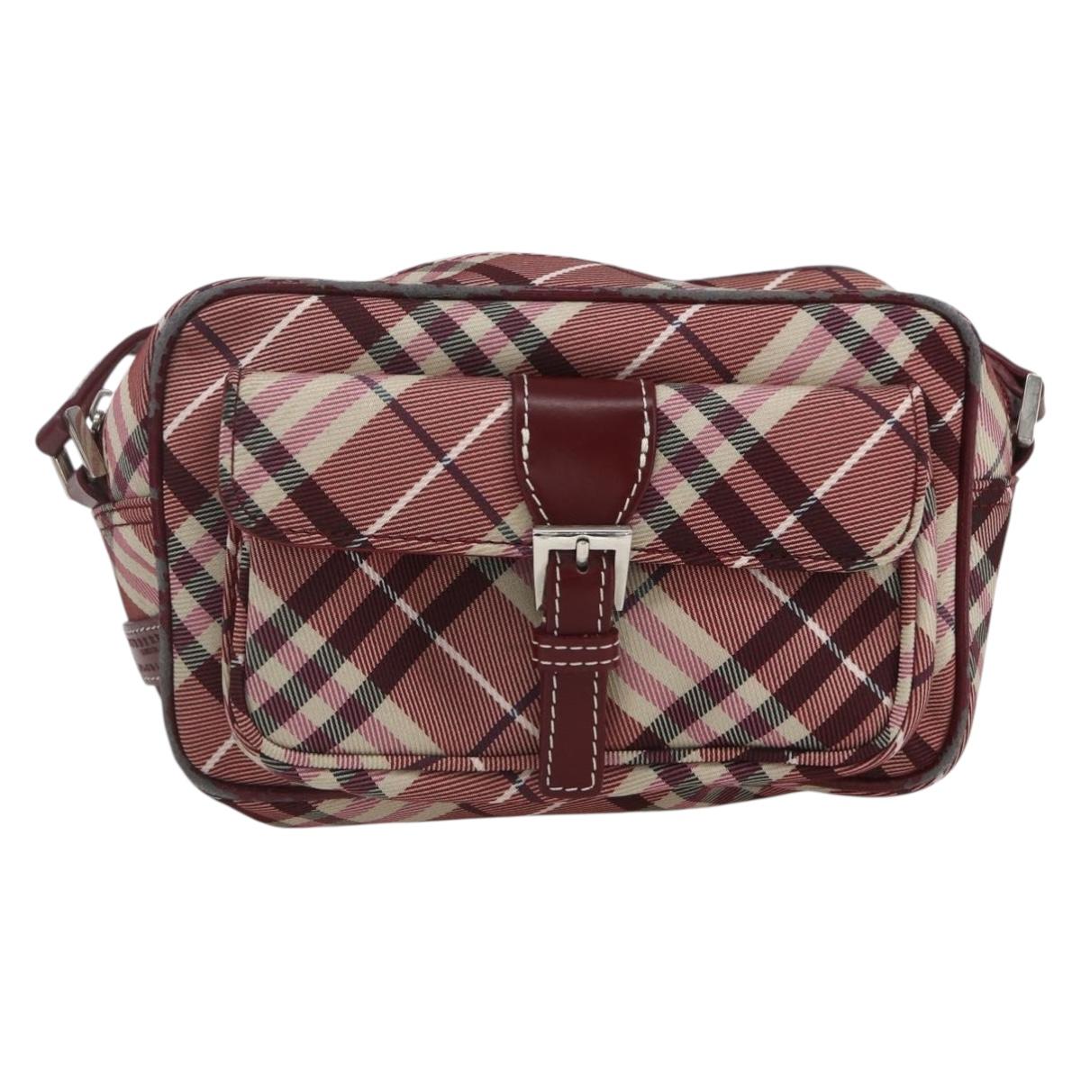 BURBERRY Nova Check Blue Label Shoulder Bag Nylon Red Silver Auth SW2039
