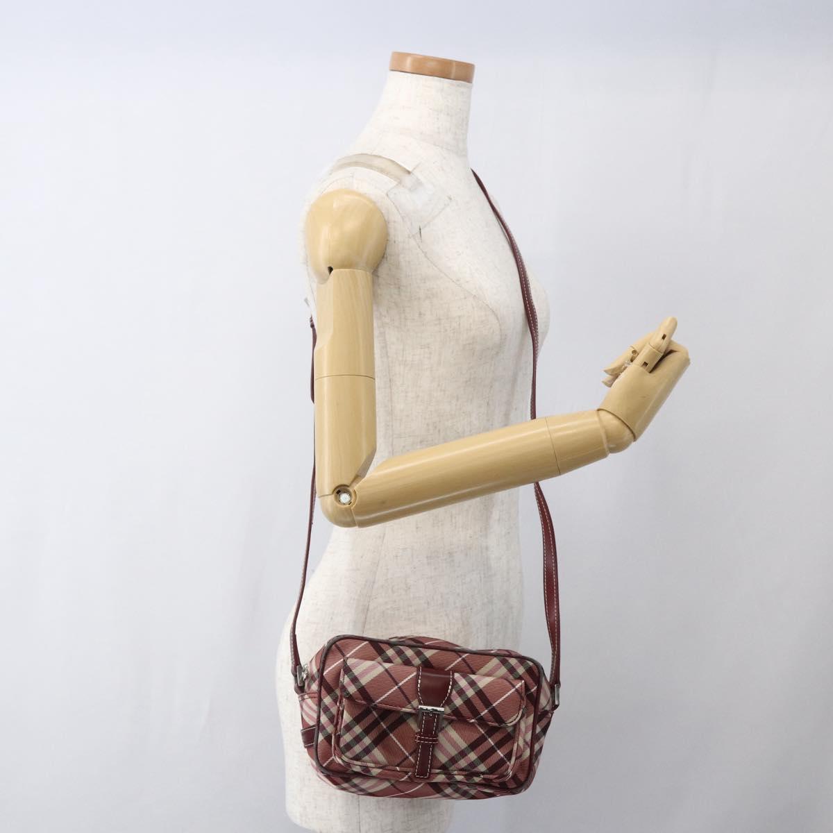 BURBERRY Nova Check Blue Label Shoulder Bag Nylon Red Silver Auth SW2039