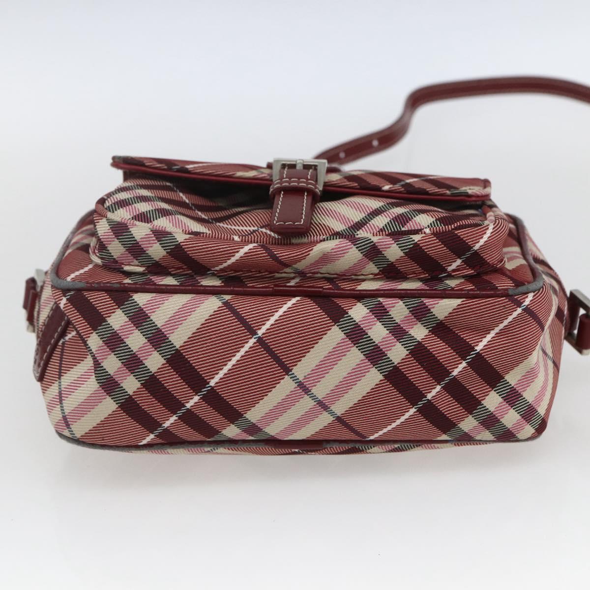 BURBERRY Nova Check Blue Label Shoulder Bag Nylon Red Silver Auth SW2039