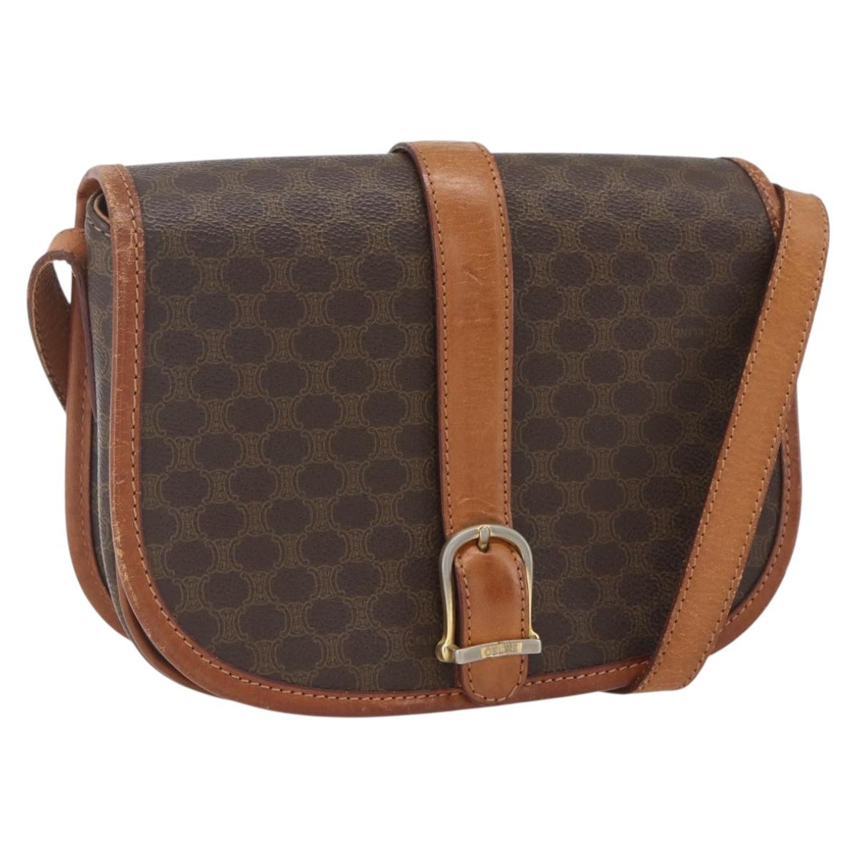 CELINE Macadam Canvas Shoulder Bag PVC Leather Brown Gold Auth SW2043