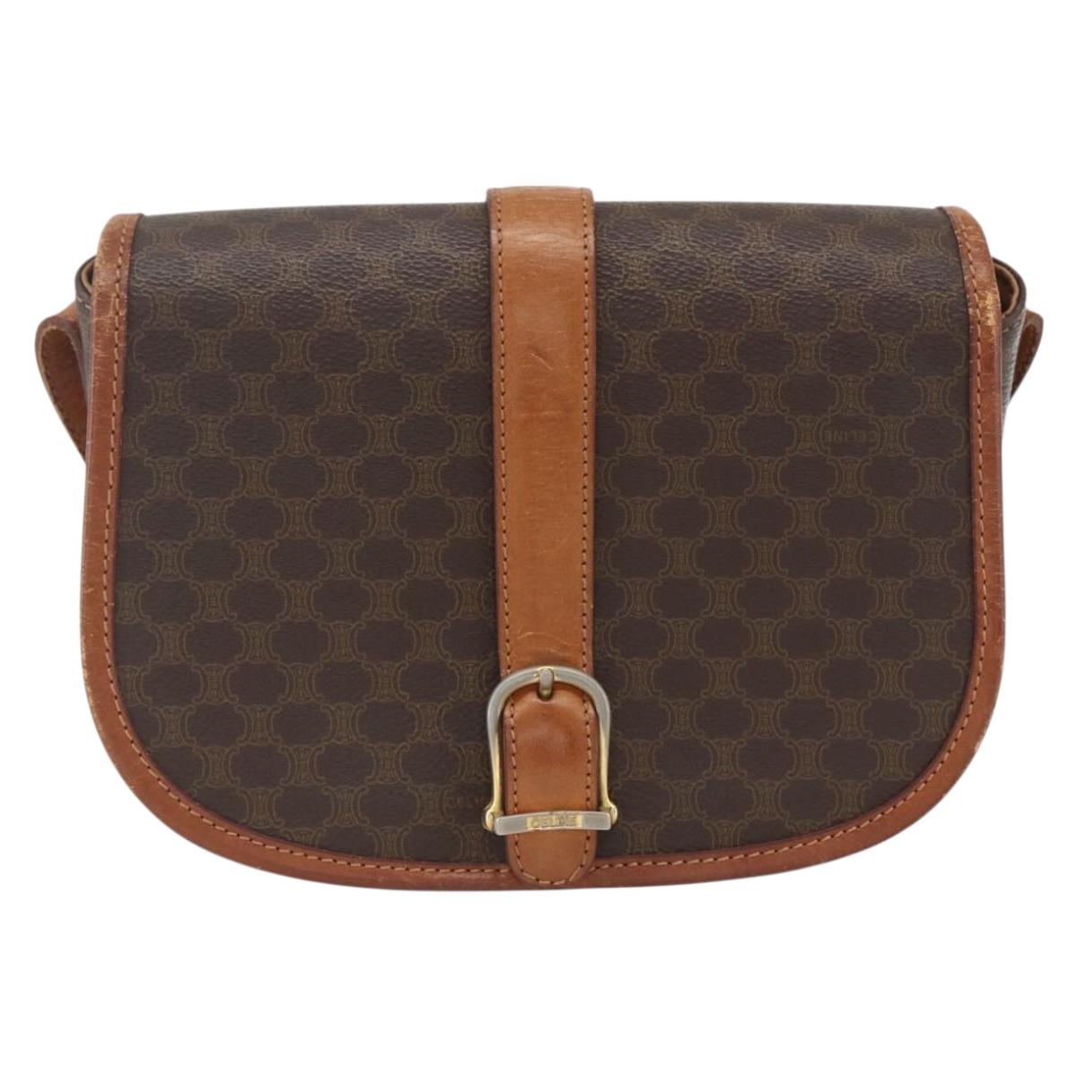 CELINE Macadam Canvas Shoulder Bag PVC Leather Brown Gold Auth SW2043