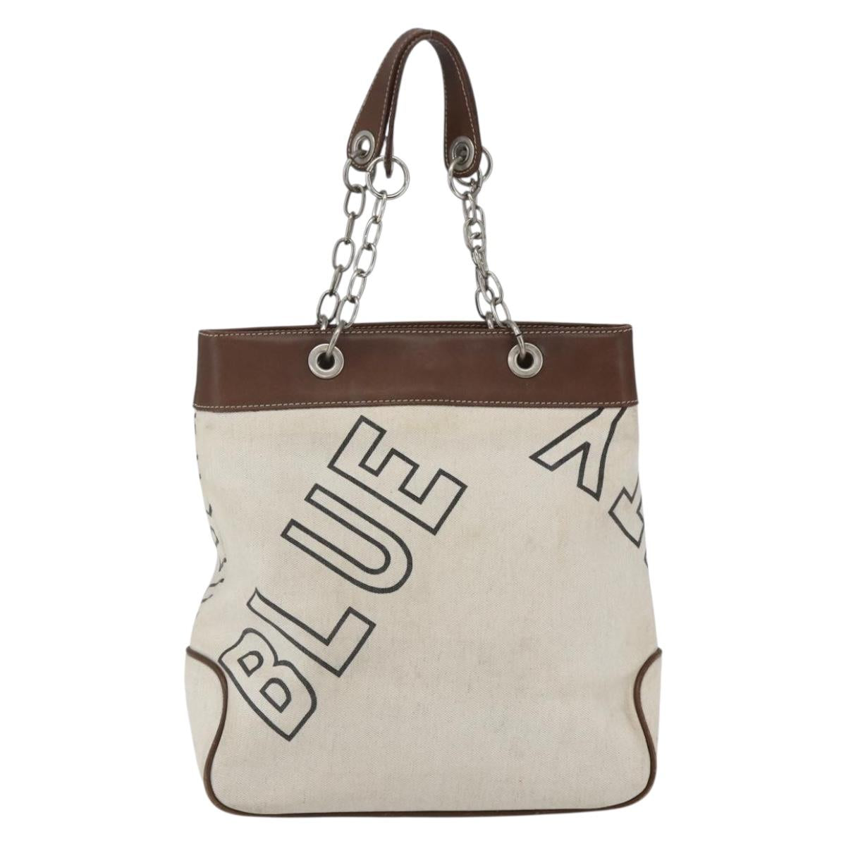 BURBERRY Blue Label Chain Tote Bag Canvas Beige Silver Auth SW2047