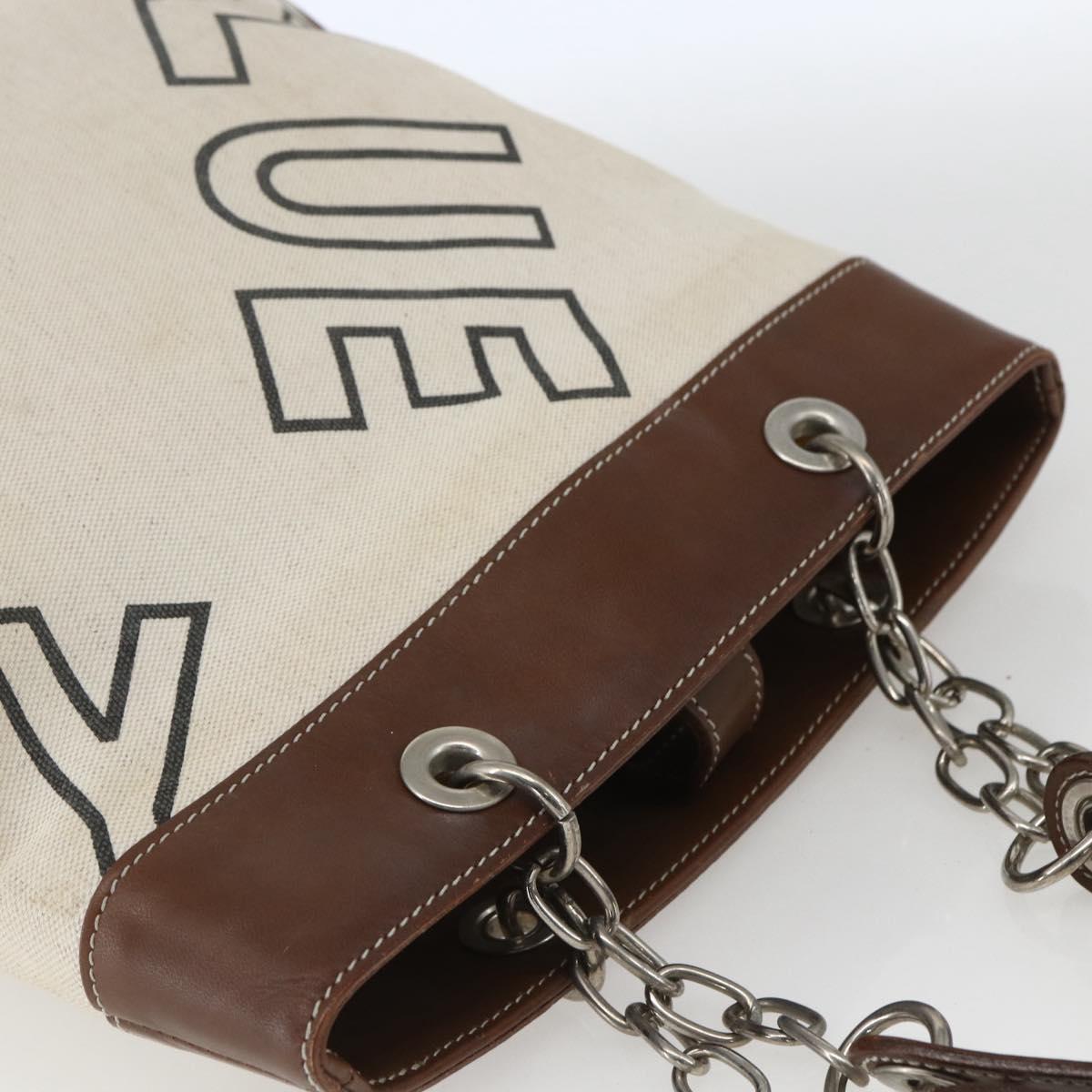 BURBERRY Blue Label Chain Tote Bag Canvas Beige Silver Auth SW2047