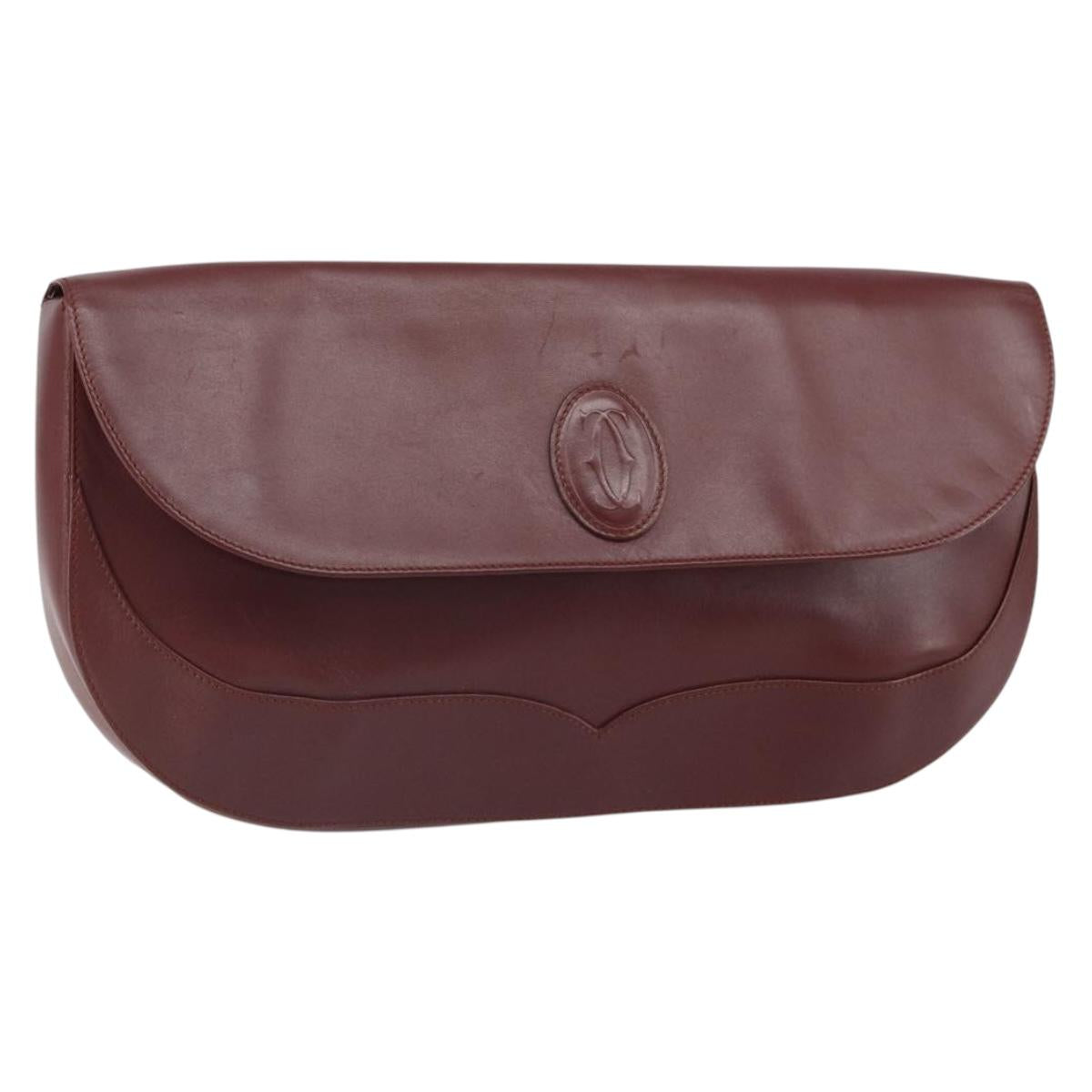 CARTIER Clutch Bag Leather Bordeaux Gold Auth SW2052