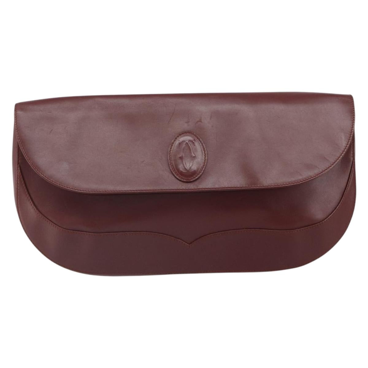 CARTIER Clutch Bag Leather Bordeaux Gold Auth SW2052