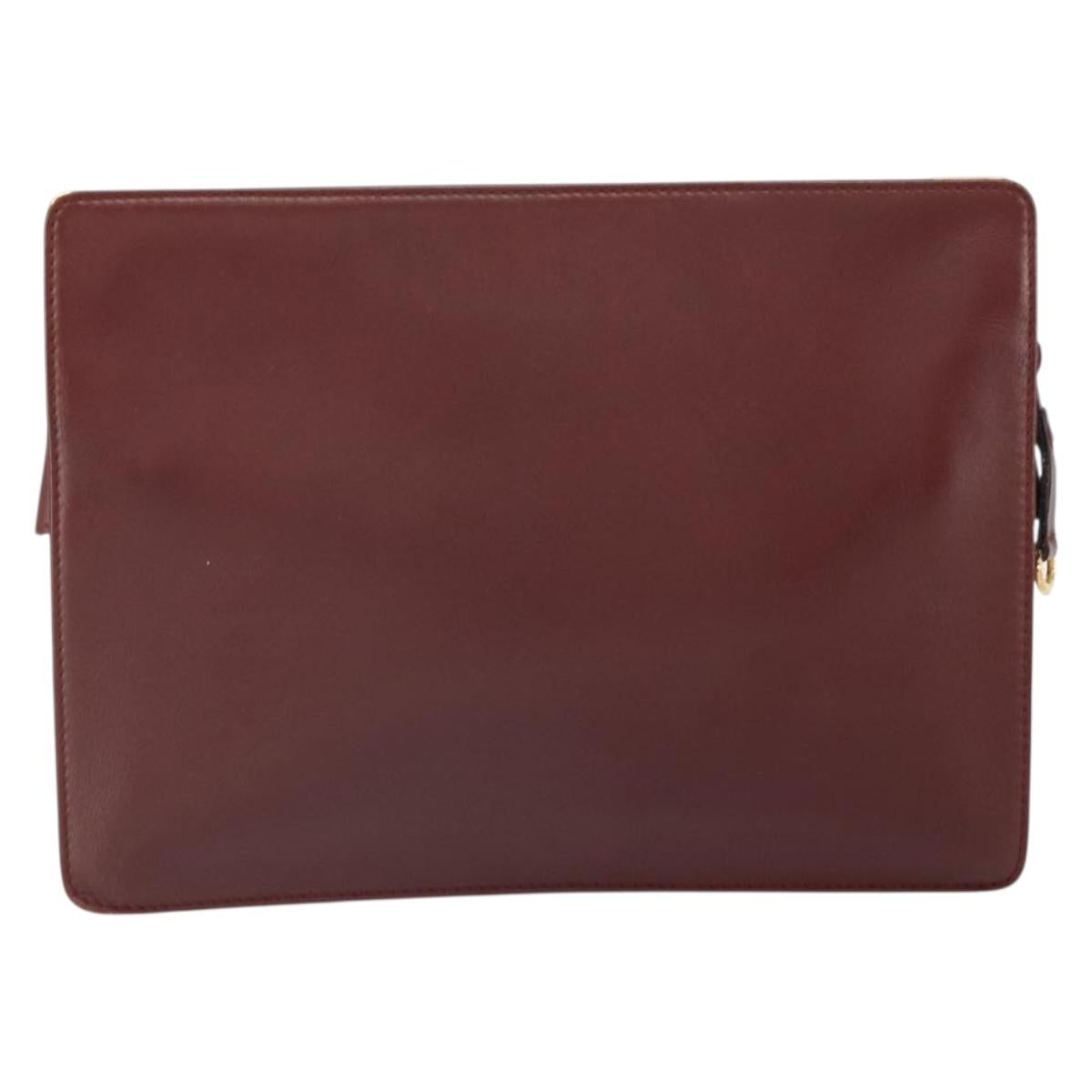 CARTIER Clutch Bag Leather Bordeaux Gold Auth SW2053