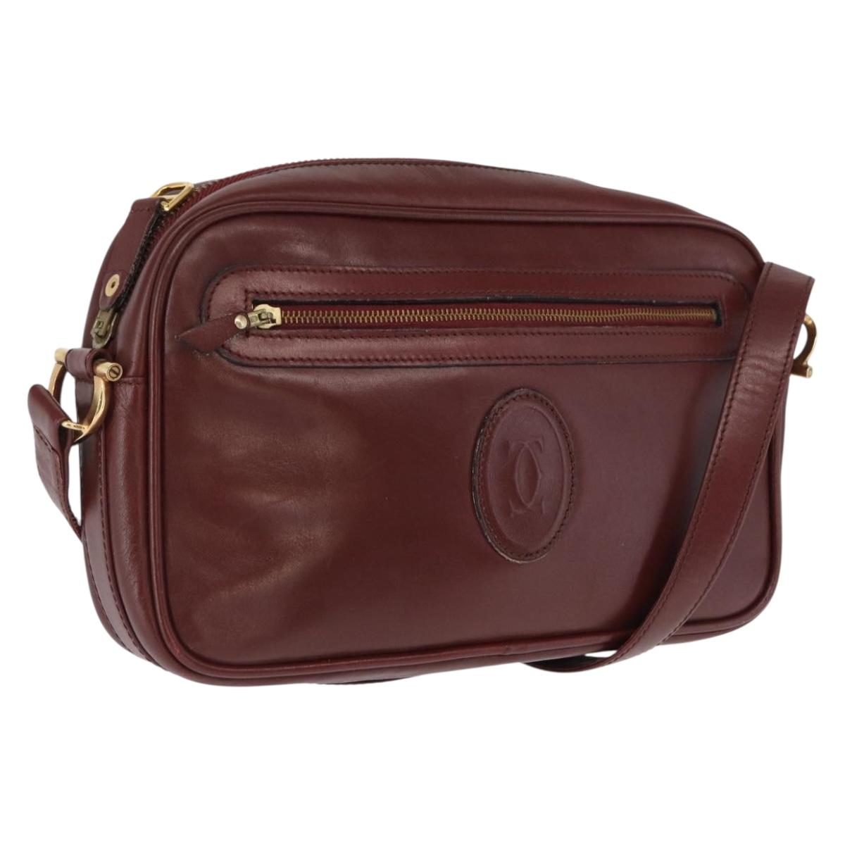 CARTIER Shoulder Bag Leather Bordeaux Gold Auth SW2054