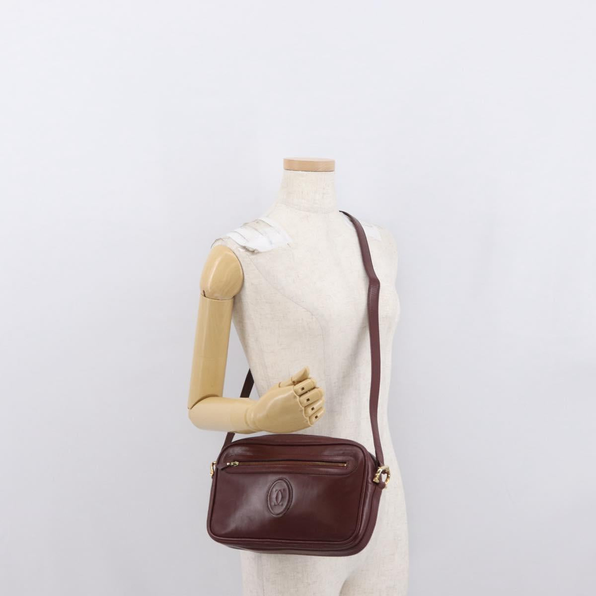CARTIER Shoulder Bag Leather Bordeaux Gold Auth SW2054