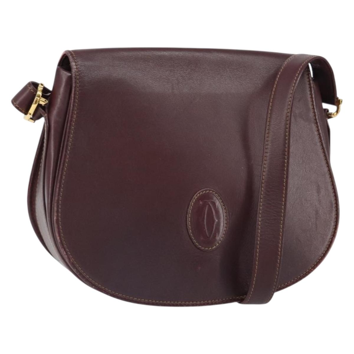 CARTIER Shoulder Bag Leather Bordeaux Gold Auth SW2055