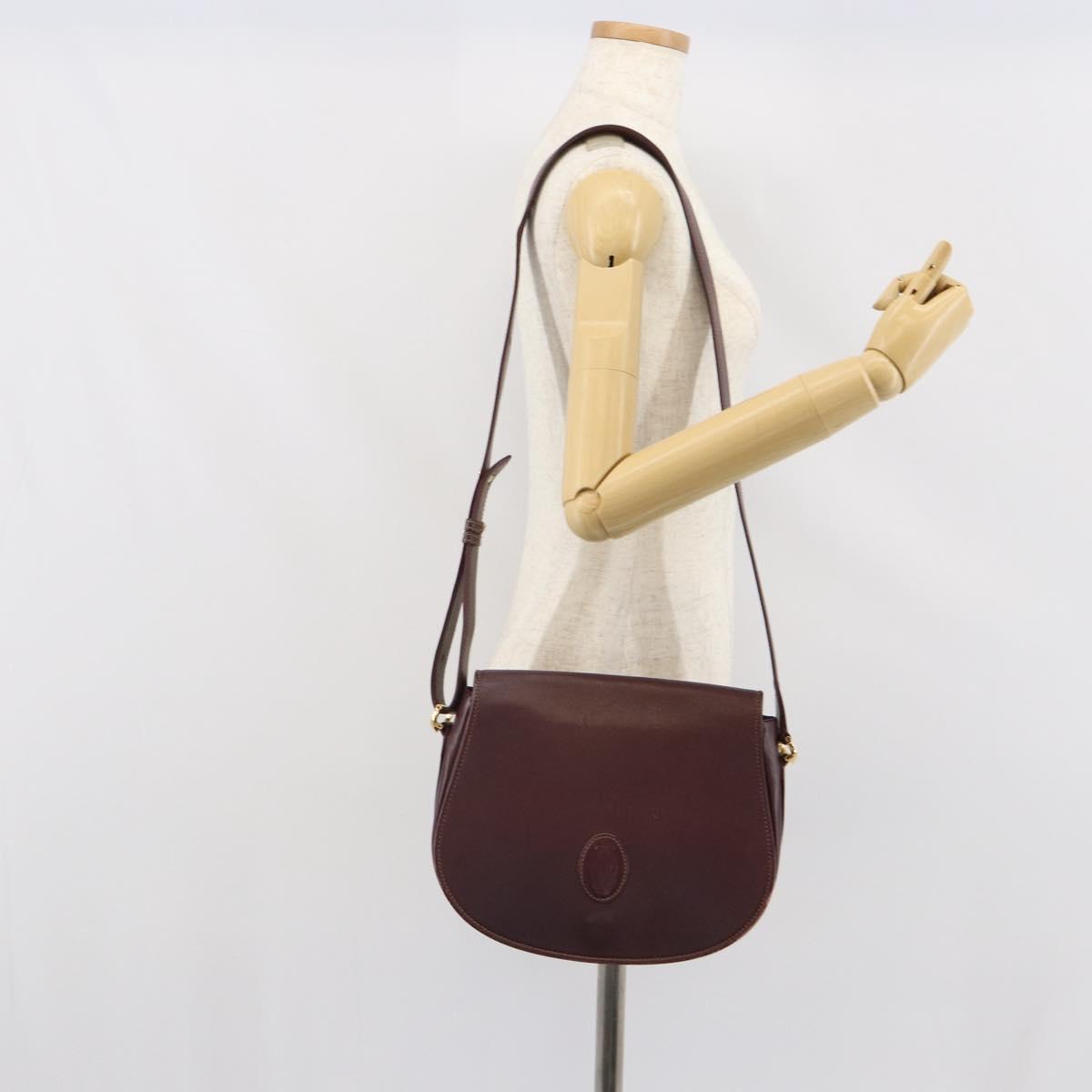 CARTIER Shoulder Bag Leather Bordeaux Gold Auth SW2055