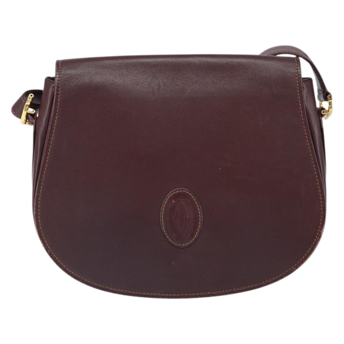 CARTIER Shoulder Bag Leather Bordeaux Gold Auth SW2055