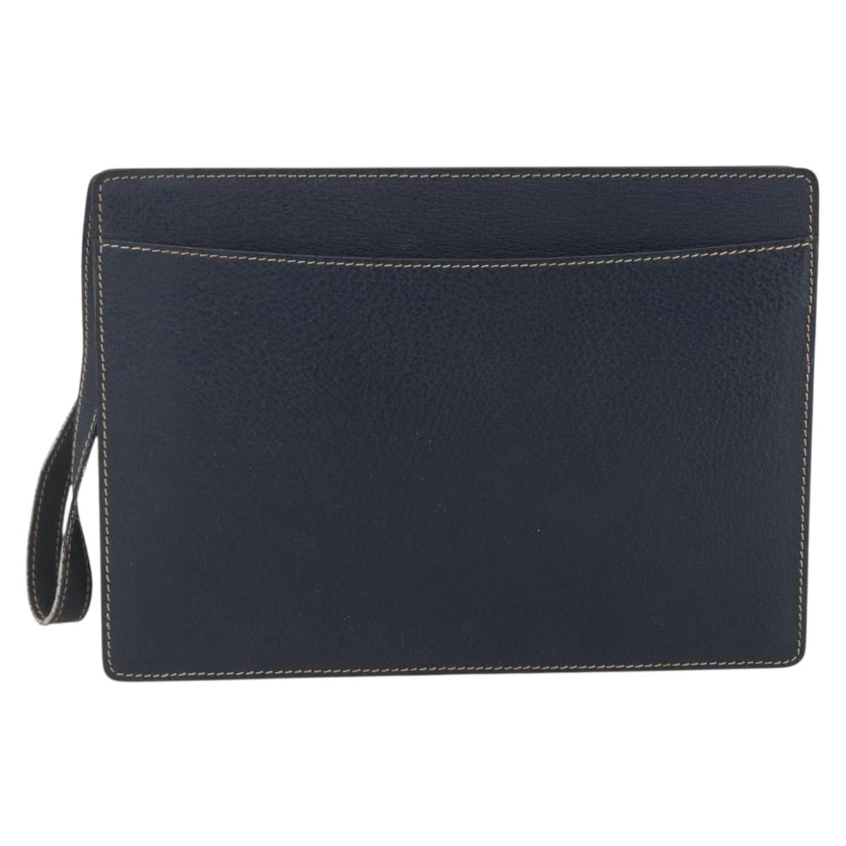 CELINE Clutch Bag Leather Navy Gold Auth SW2056
