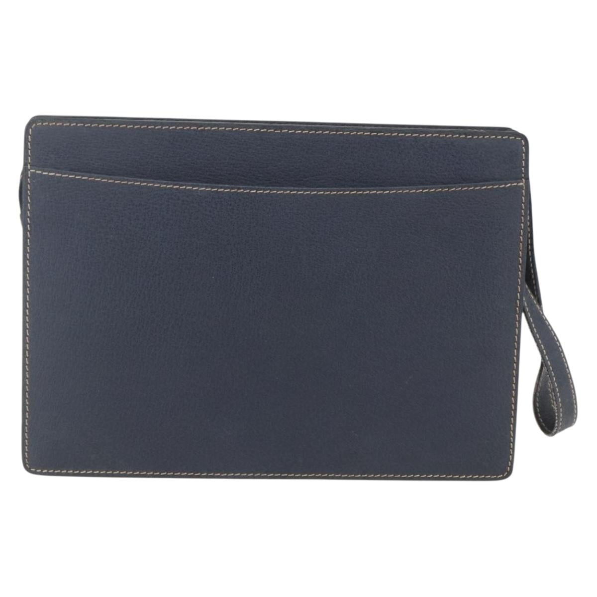 CELINE Clutch Bag Leather Navy Gold Auth SW2056