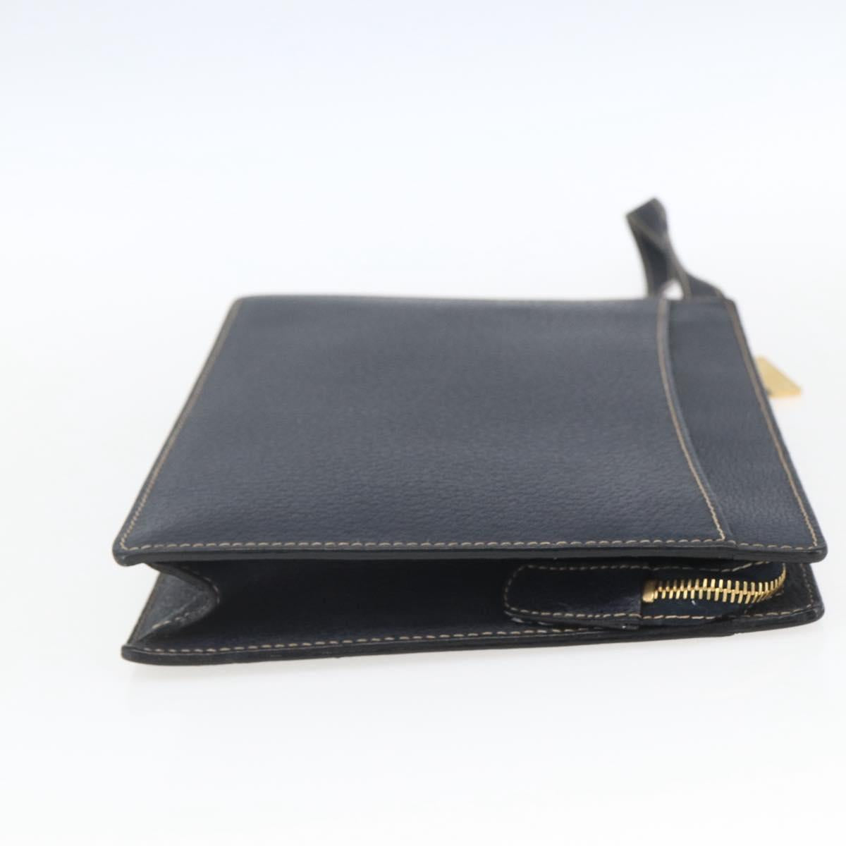 CELINE Clutch Bag Leather Navy Gold Auth SW2056