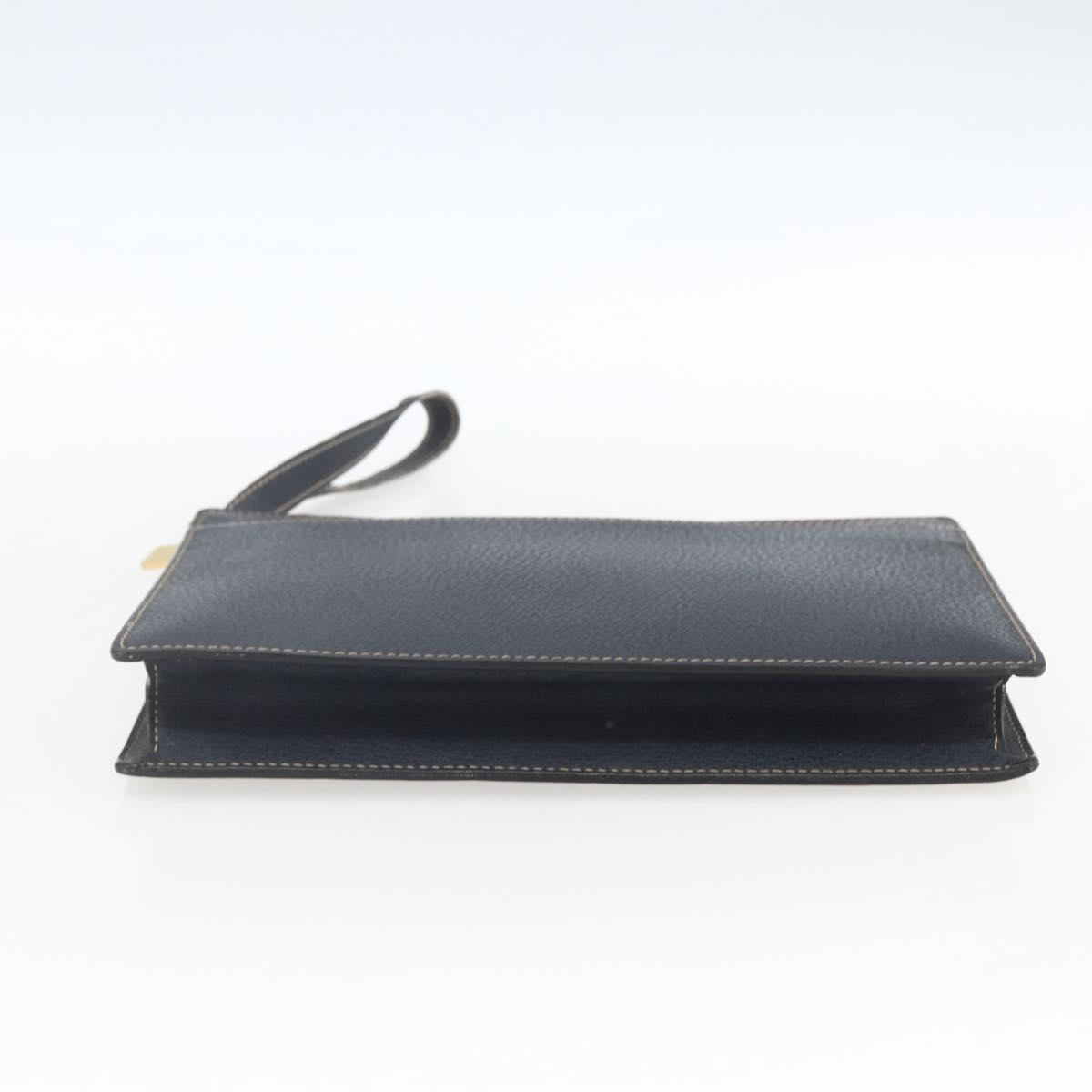 CELINE Clutch Bag Leather Navy Gold Auth SW2056