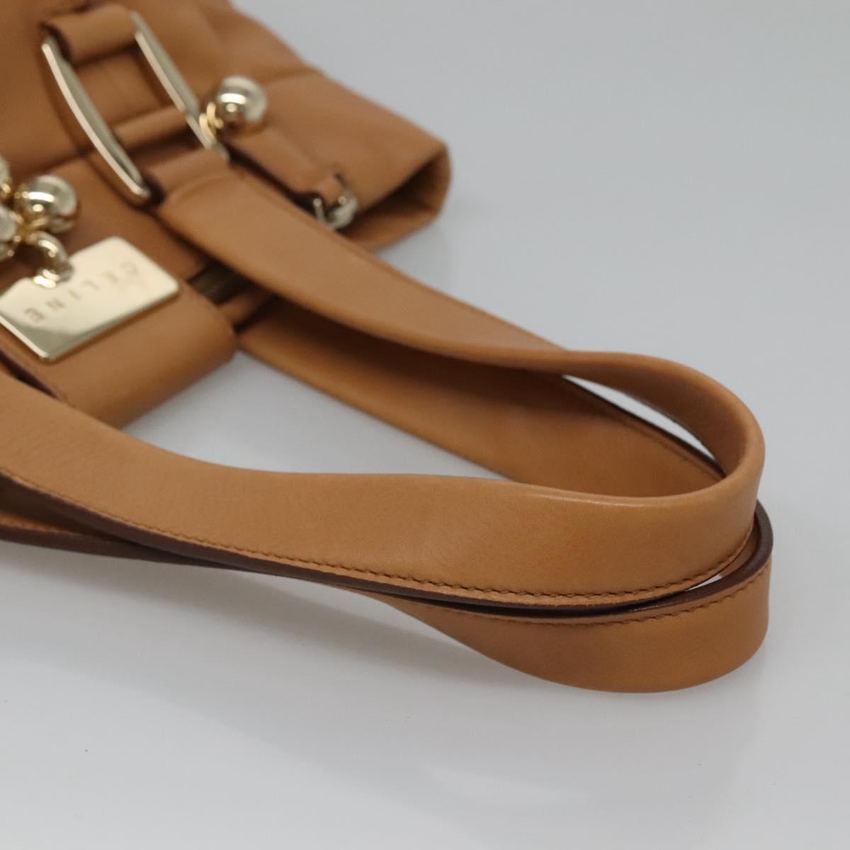 CELINE Hand Bag Leather Beige Gold Auth sw206