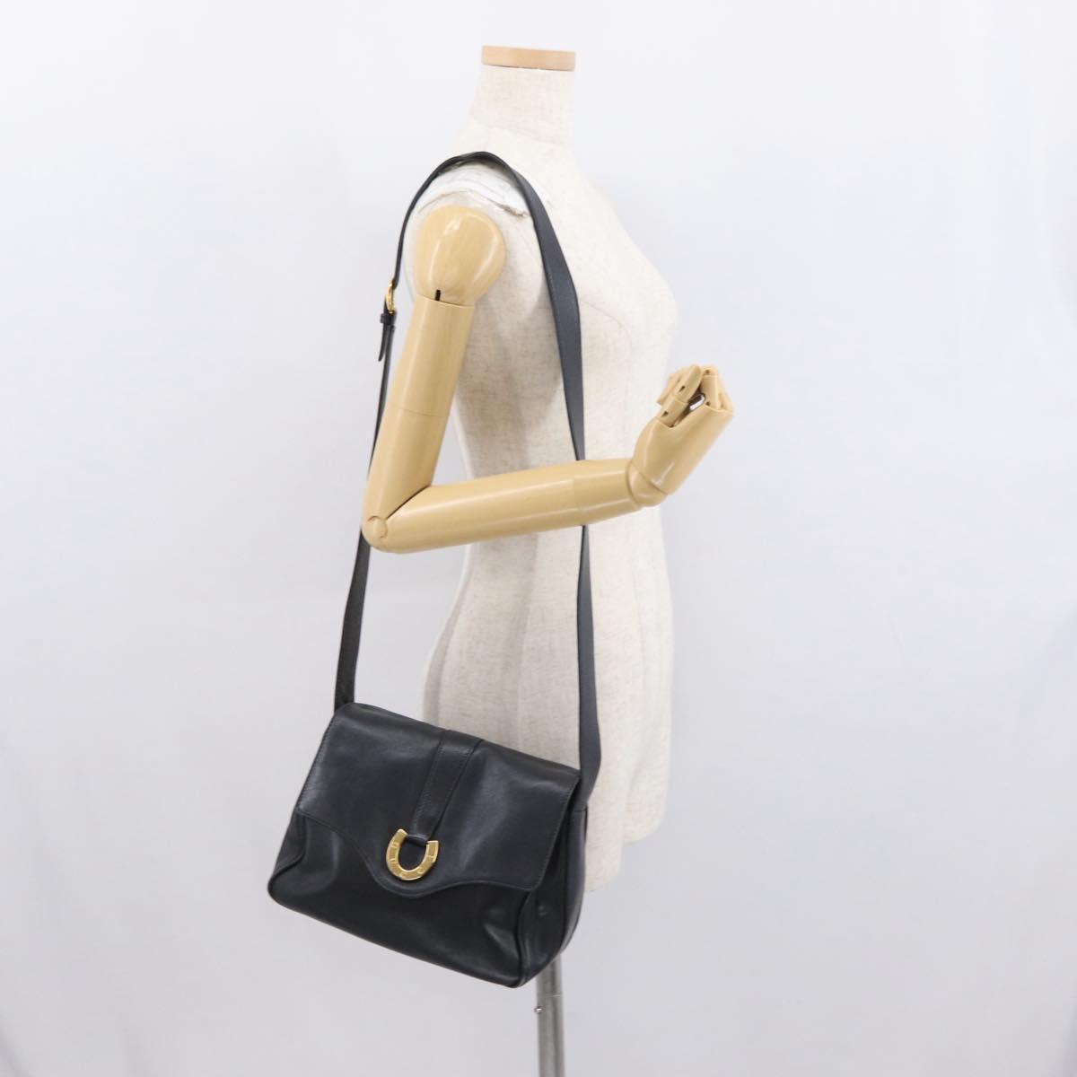 GUCCI Shoulder Bag Leather Black Gold Auth SW2077