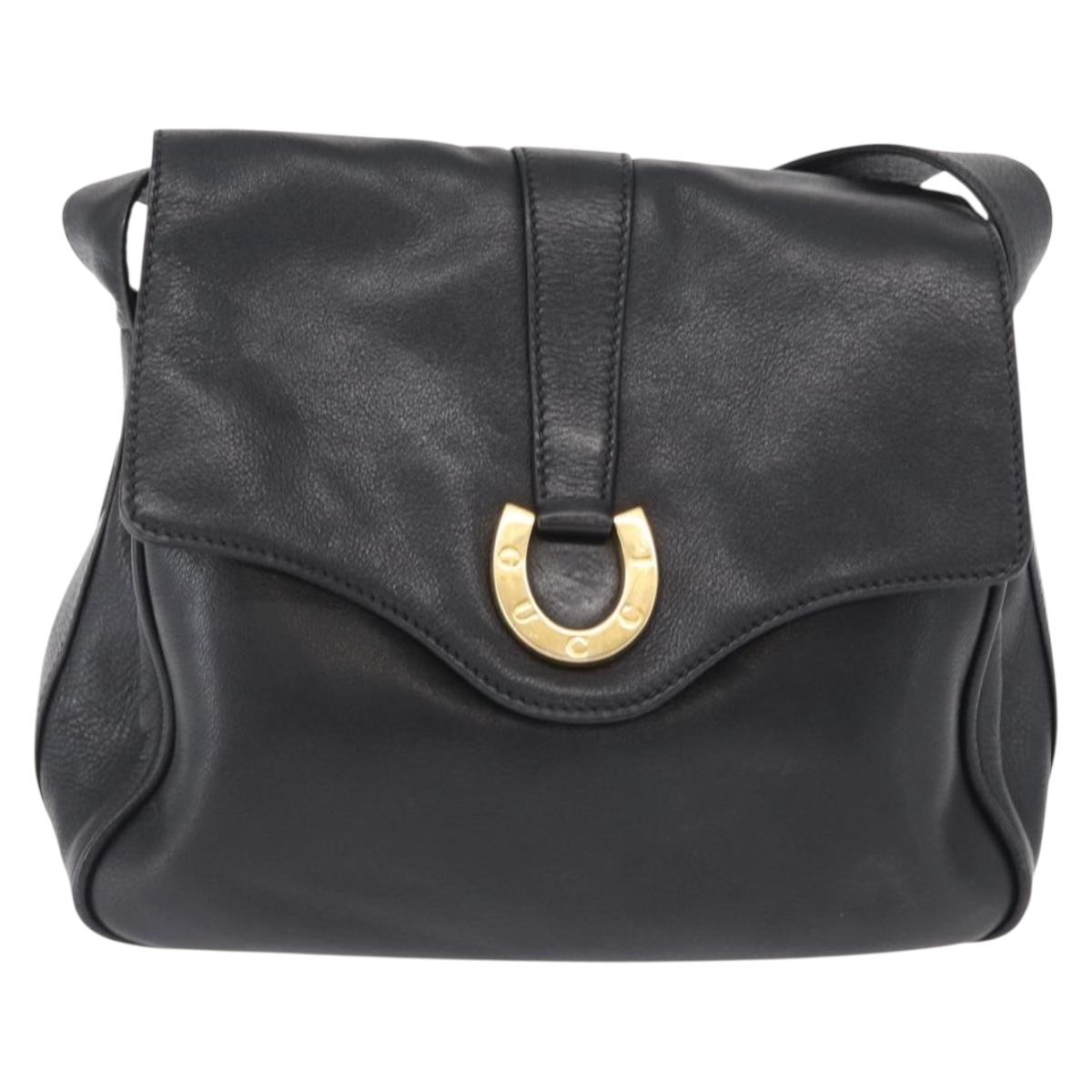 GUCCI Shoulder Bag Leather Black Gold Auth SW2077