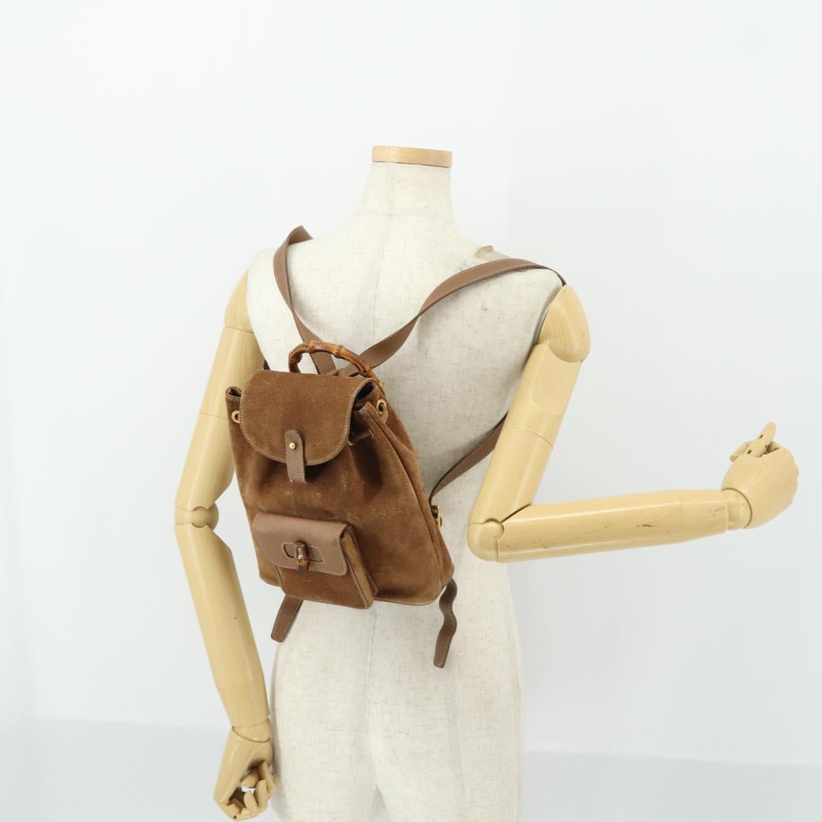 GUCCI Bamboo Backpack Suede Brown Gold 003 1956 0030 Auth SW2078
