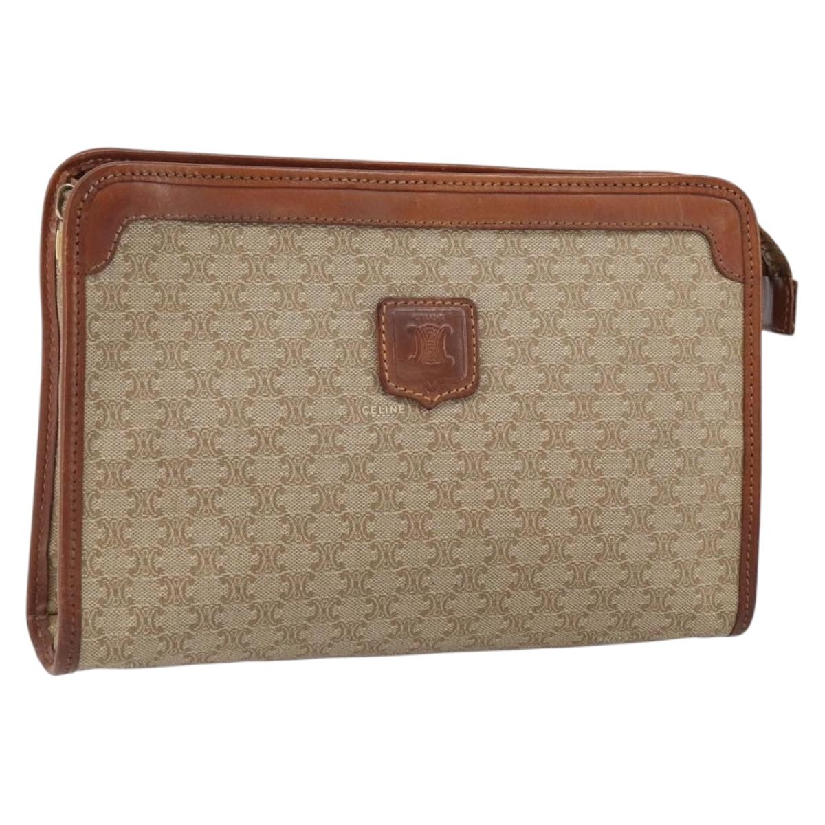 CELINE Macadam Canvas Clutch Bag PVC Beige Gold Auth SW2093