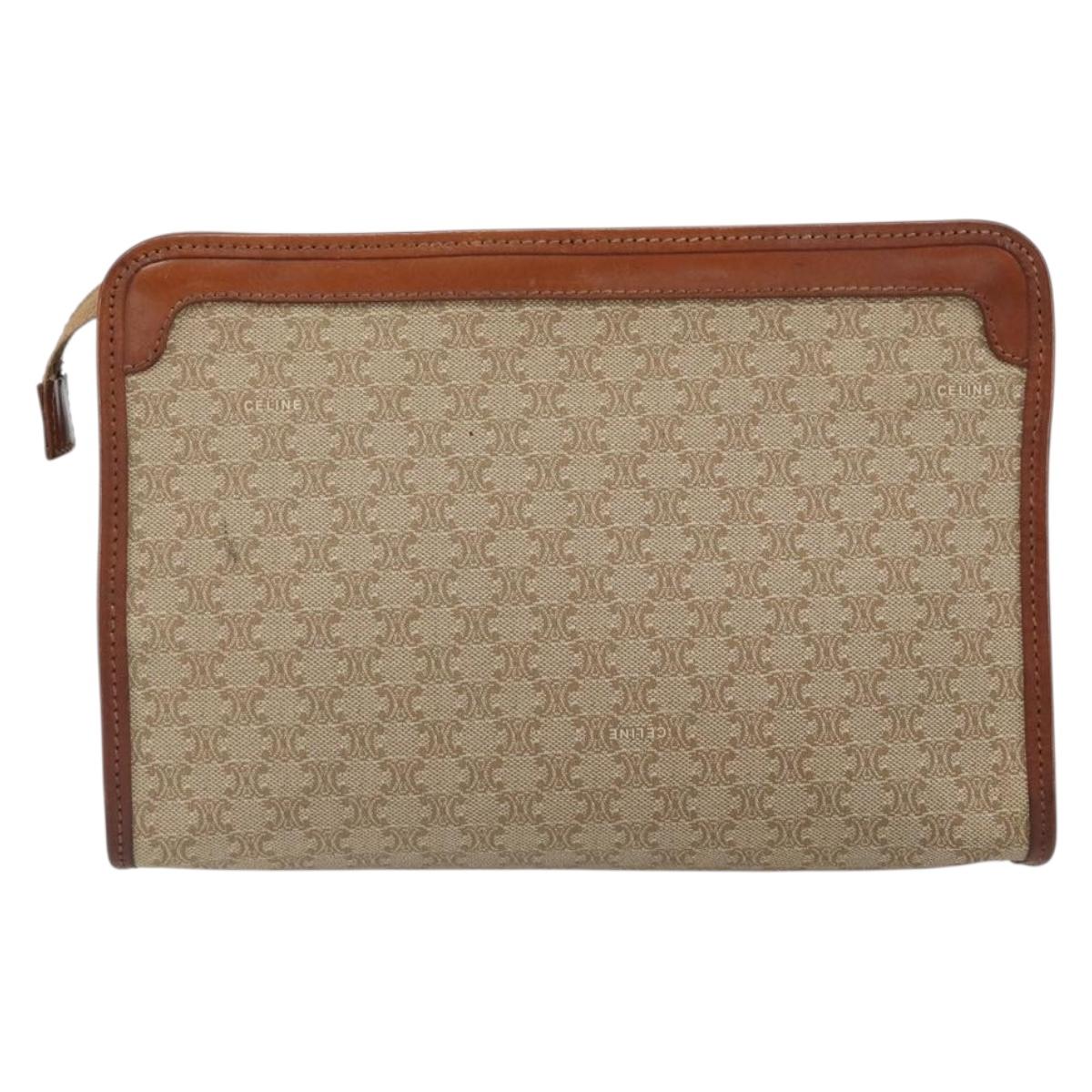 CELINE Macadam Canvas Clutch Bag PVC Beige Gold Auth SW2093