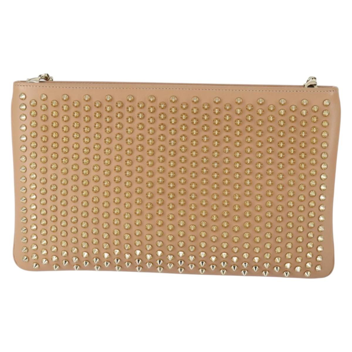 Christian Louboutin Chain Shoulder Bag Leather Beige Gold Auth SW2107V