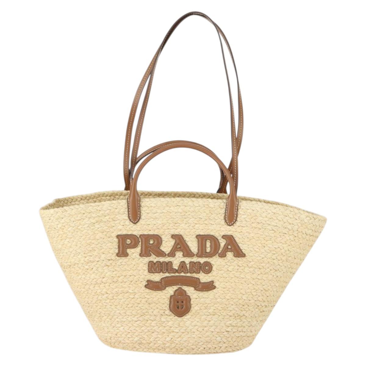 PRADA Large Tote Bag Raffia Beige Auth SW2119SAM