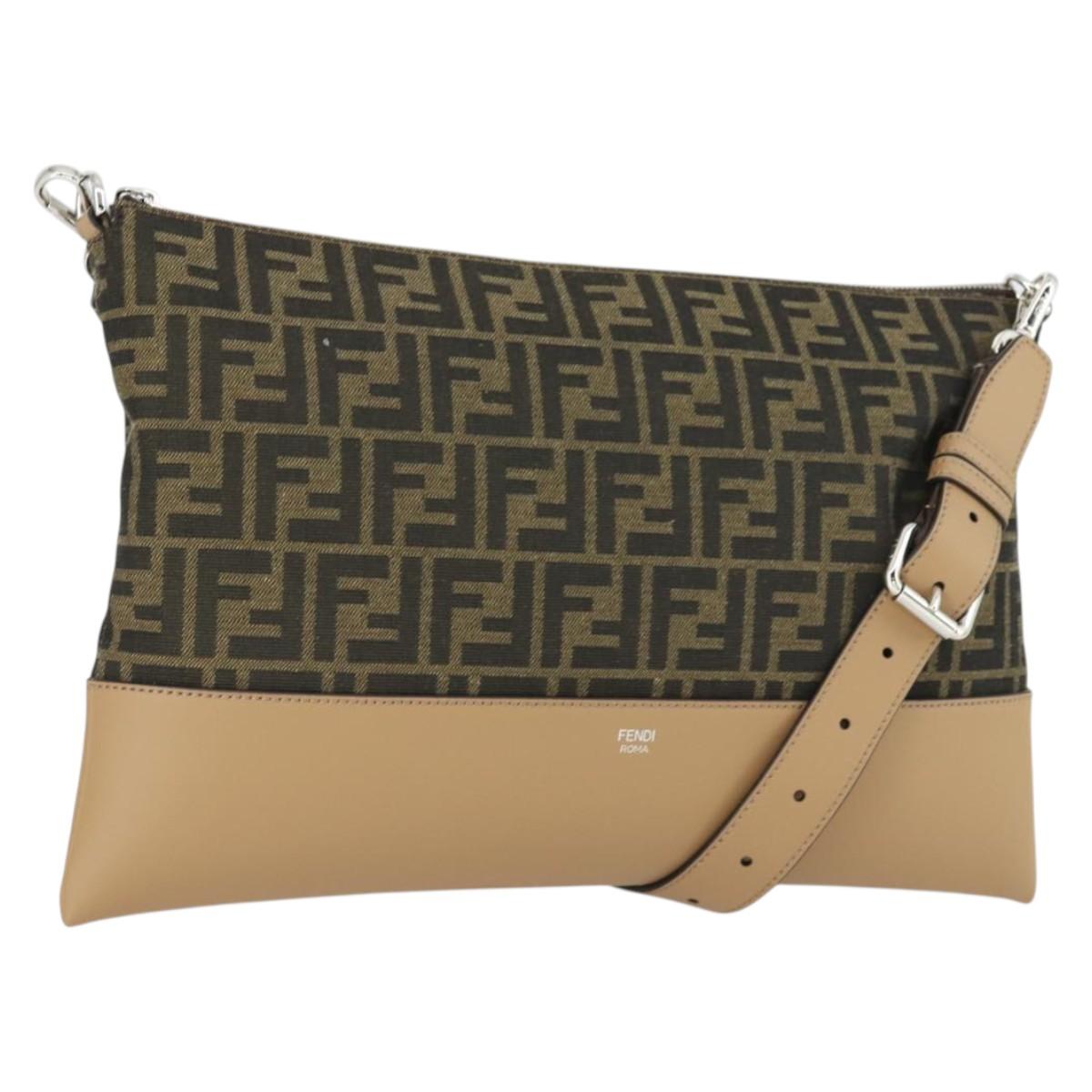 FENDI Zucca Canvas Shoulder Bag Black Brown Silver Auth SW2121SAM