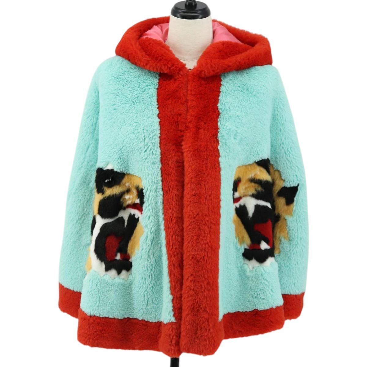GUCCI Tiger Coat Poncho Jacket Fur Peppermint Auth SW2126SM