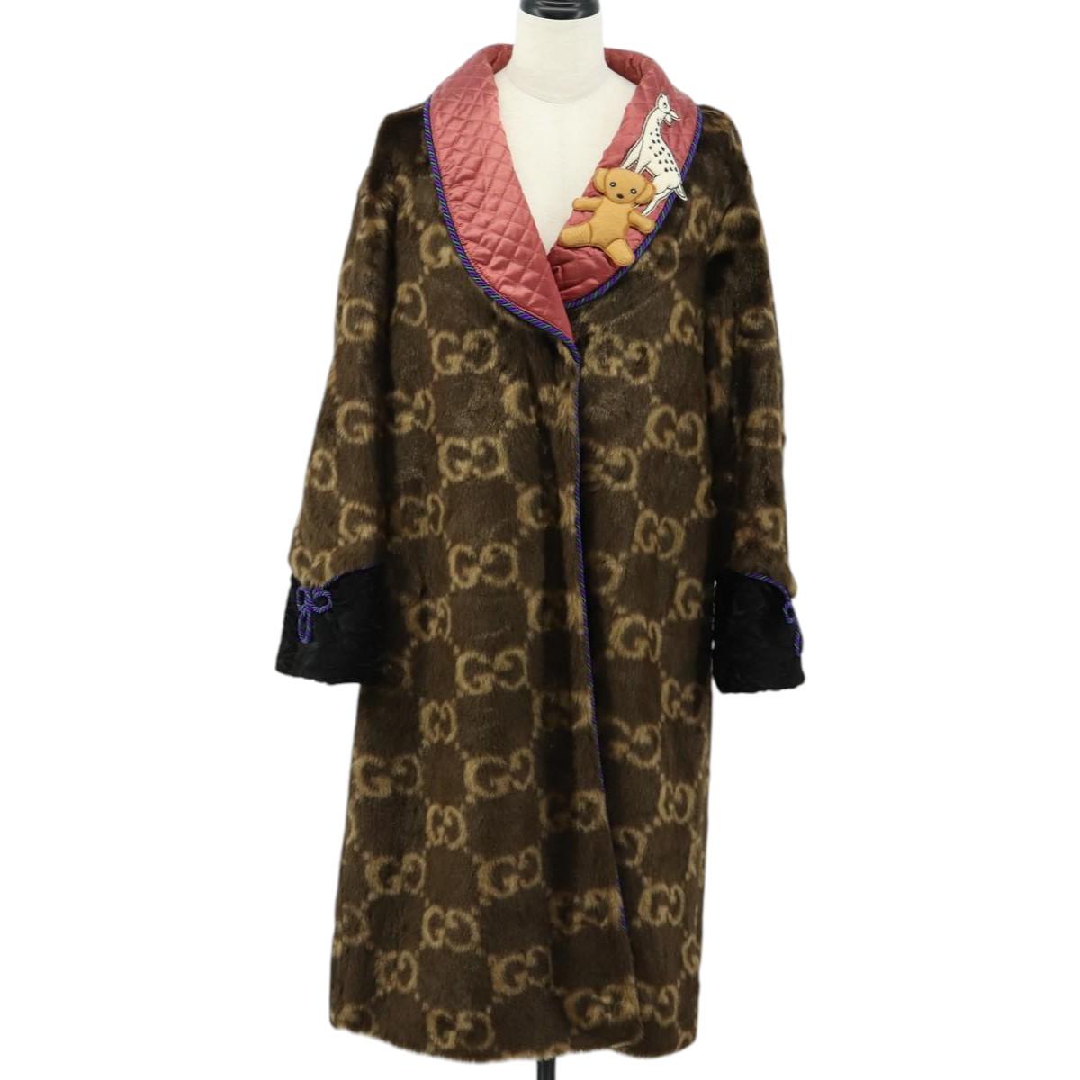 GUCCI GG Canvas Fur Coat Teddy Bear Applique Jacket Brown Auth SW2127SM