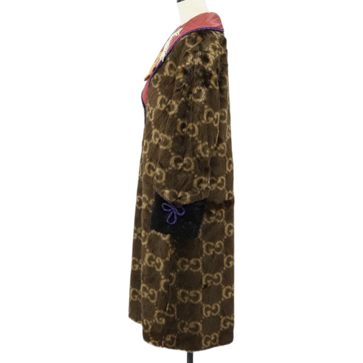GUCCI GG Canvas Fur Coat Teddy Bear Applique Jacket Brown Auth SW2127SM
