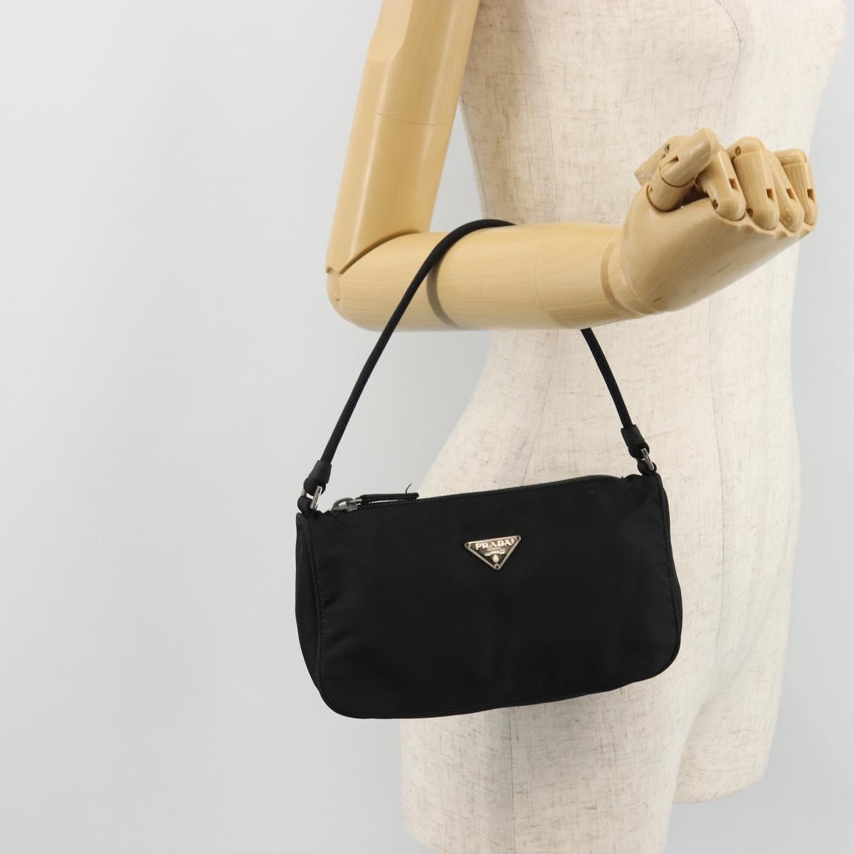 PRADA Hand Pouch Nylon Black Silver Auth SW2198