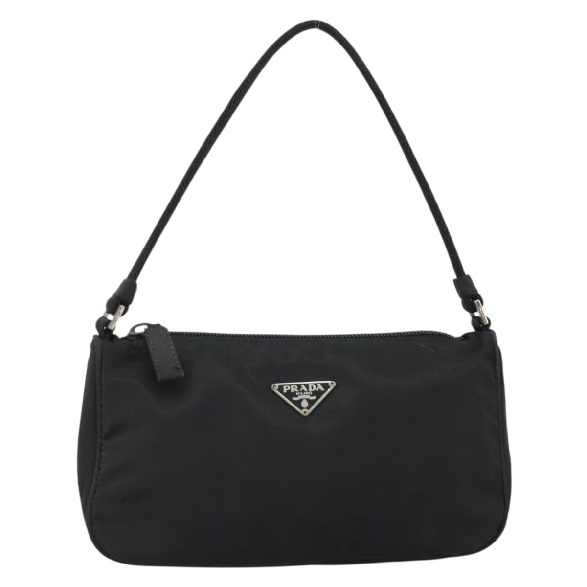 PRADA Hand Pouch Nylon Black Silver Auth SW2198
