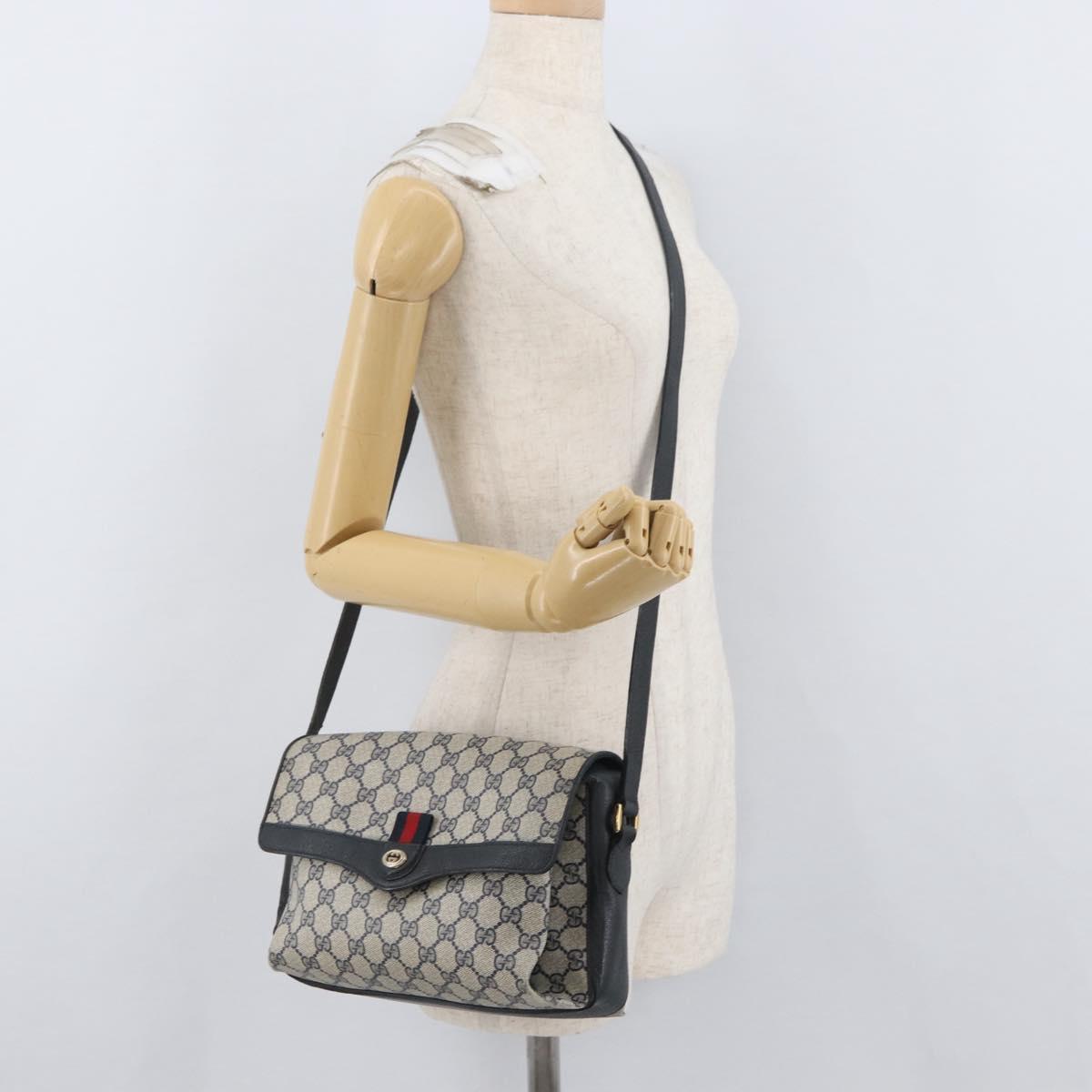 GUCCI GG Supreme Sherry Line Bag PVC Navy Gold Red 904 02 084 Auth SW2212