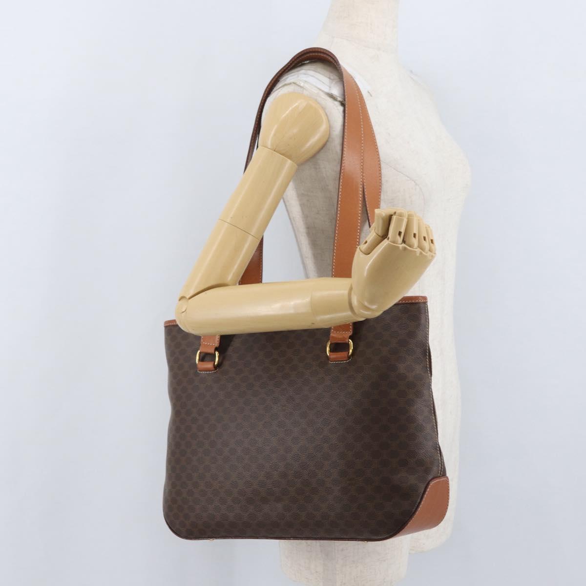 CELINE Macadam Canvas Tote Bag PVC Leather Brown Gold Auth SW2215A
