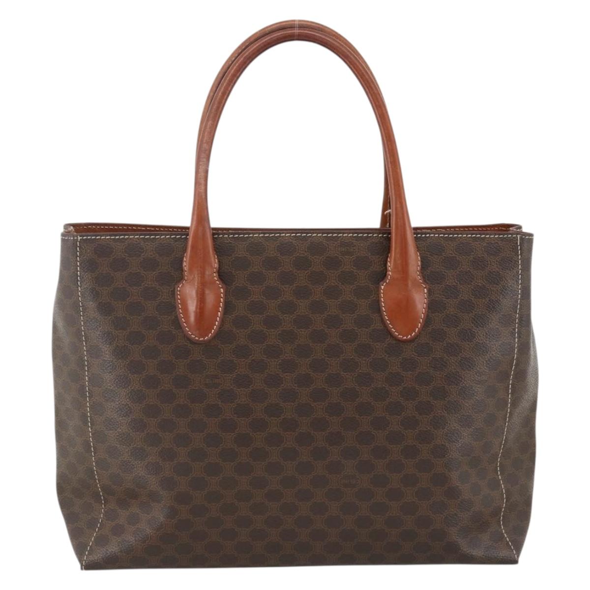 CELINE Macadam Canvas Hand Bag PVC Leather Brown Gold Auth SW2216