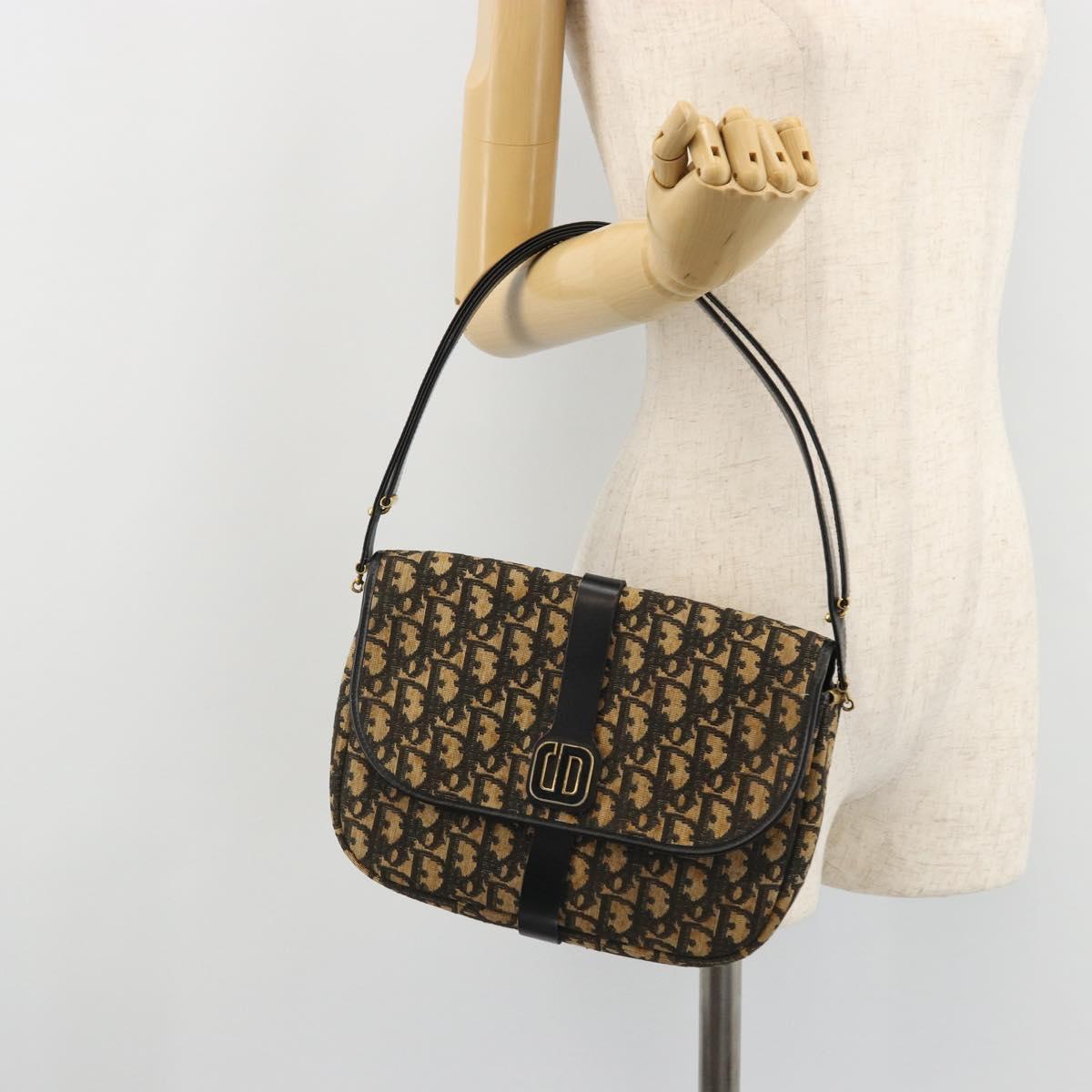 Christian Dior Trotter Canvas Shoulder Bag Navy Gold Auth SW2239