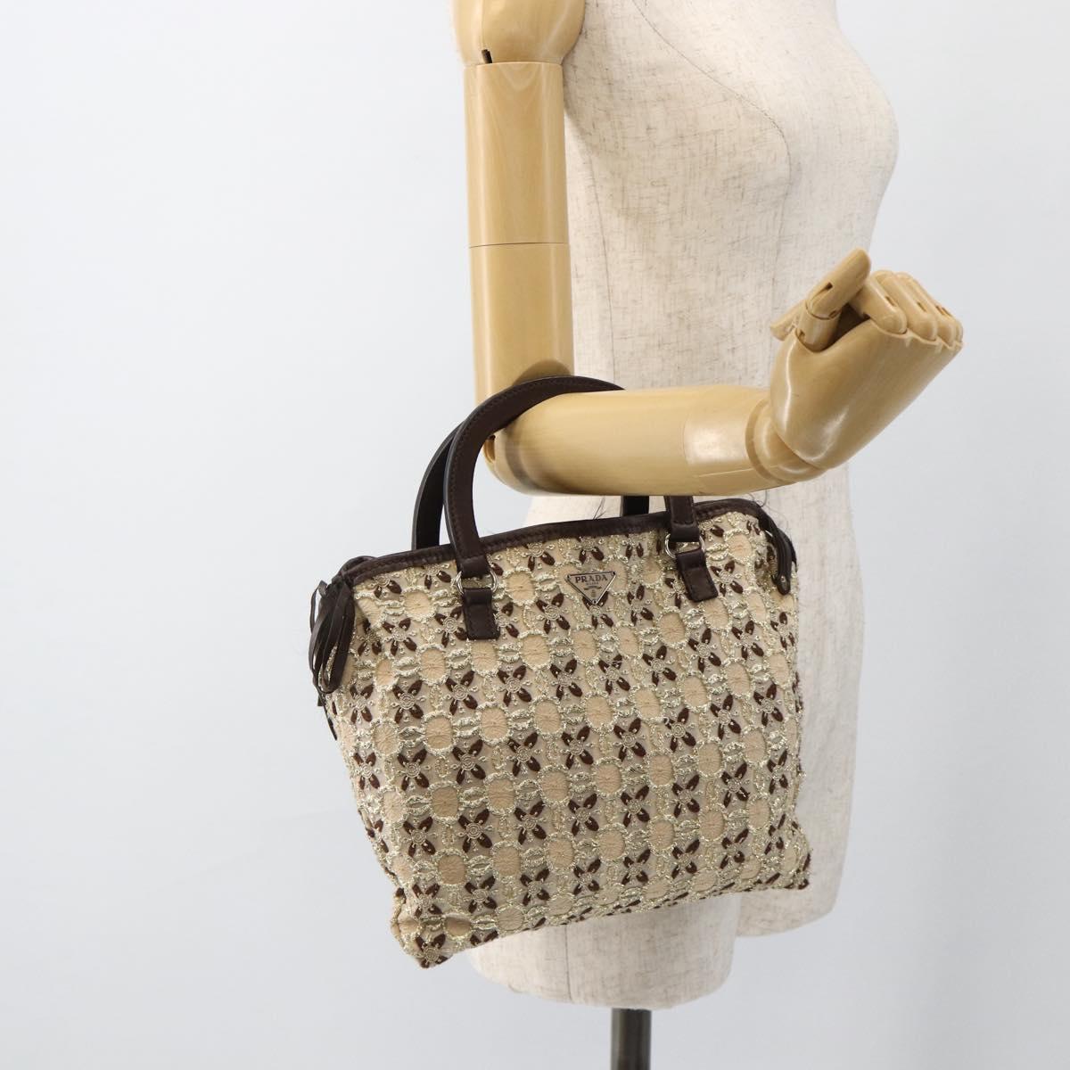 PRADA Hand Bag Cotton Beige Silver BN0701 Auth SW2266A