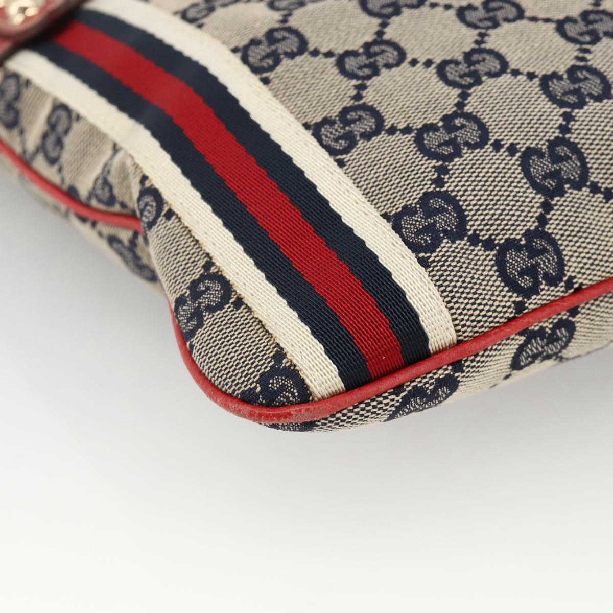 GUCCI GG Canvas Sherry Line Shoulder Bag Navy Gold Red 144388 Auth SW2281A