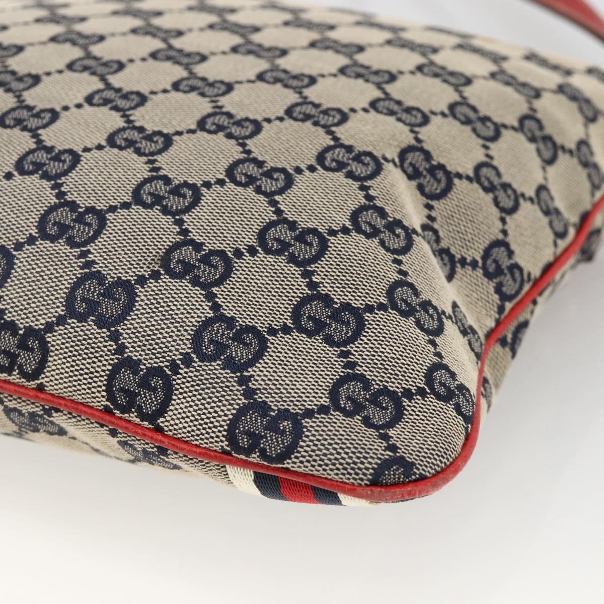 GUCCI GG Canvas Sherry Line Shoulder Bag Navy Gold Red 144388 Auth SW2281A