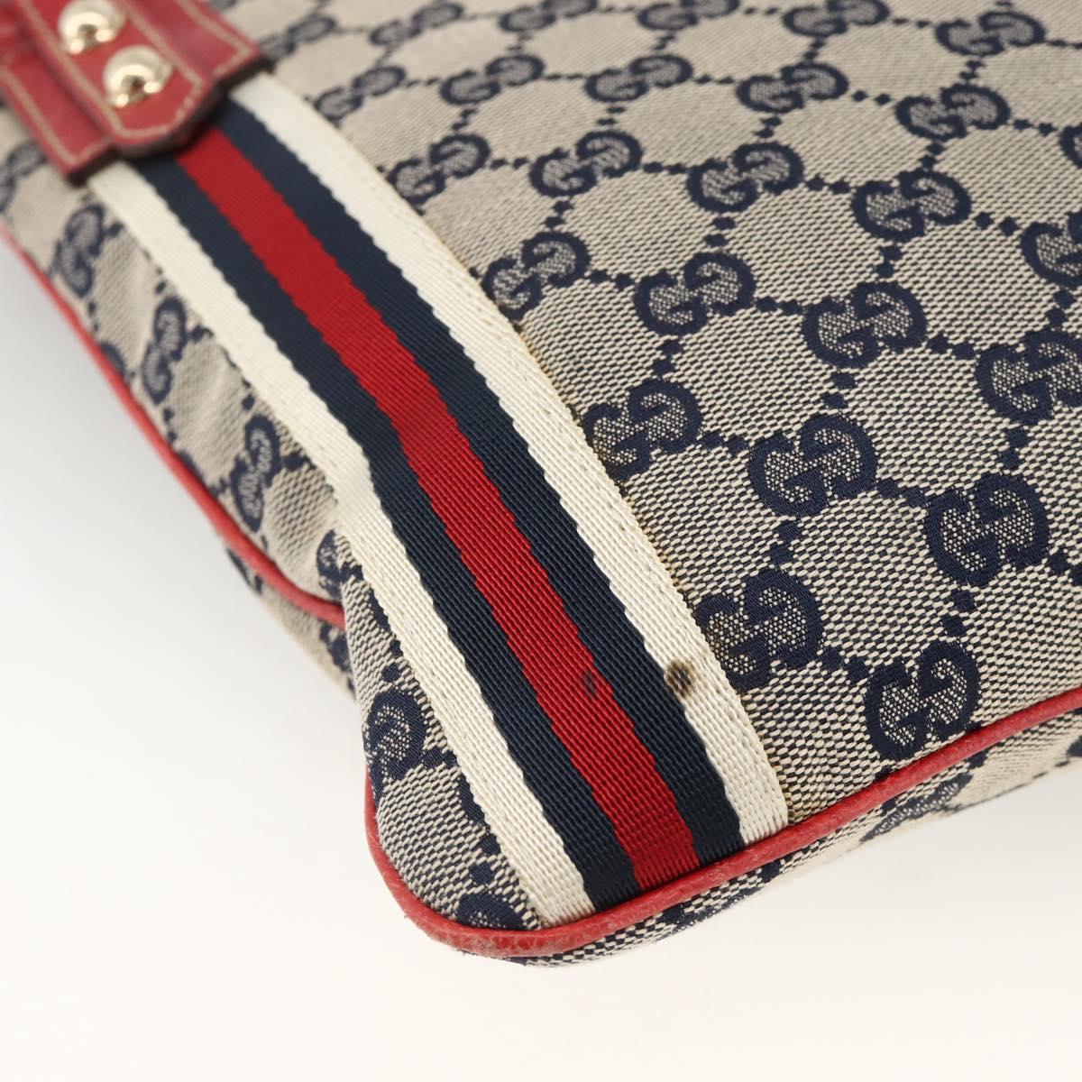 GUCCI GG Canvas Sherry Line Shoulder Bag Navy Gold Red 144388 Auth SW2281A