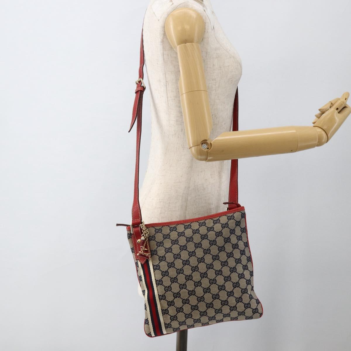 GUCCI GG Canvas Sherry Line Shoulder Bag Navy Gold Red 144388 Auth SW2281A