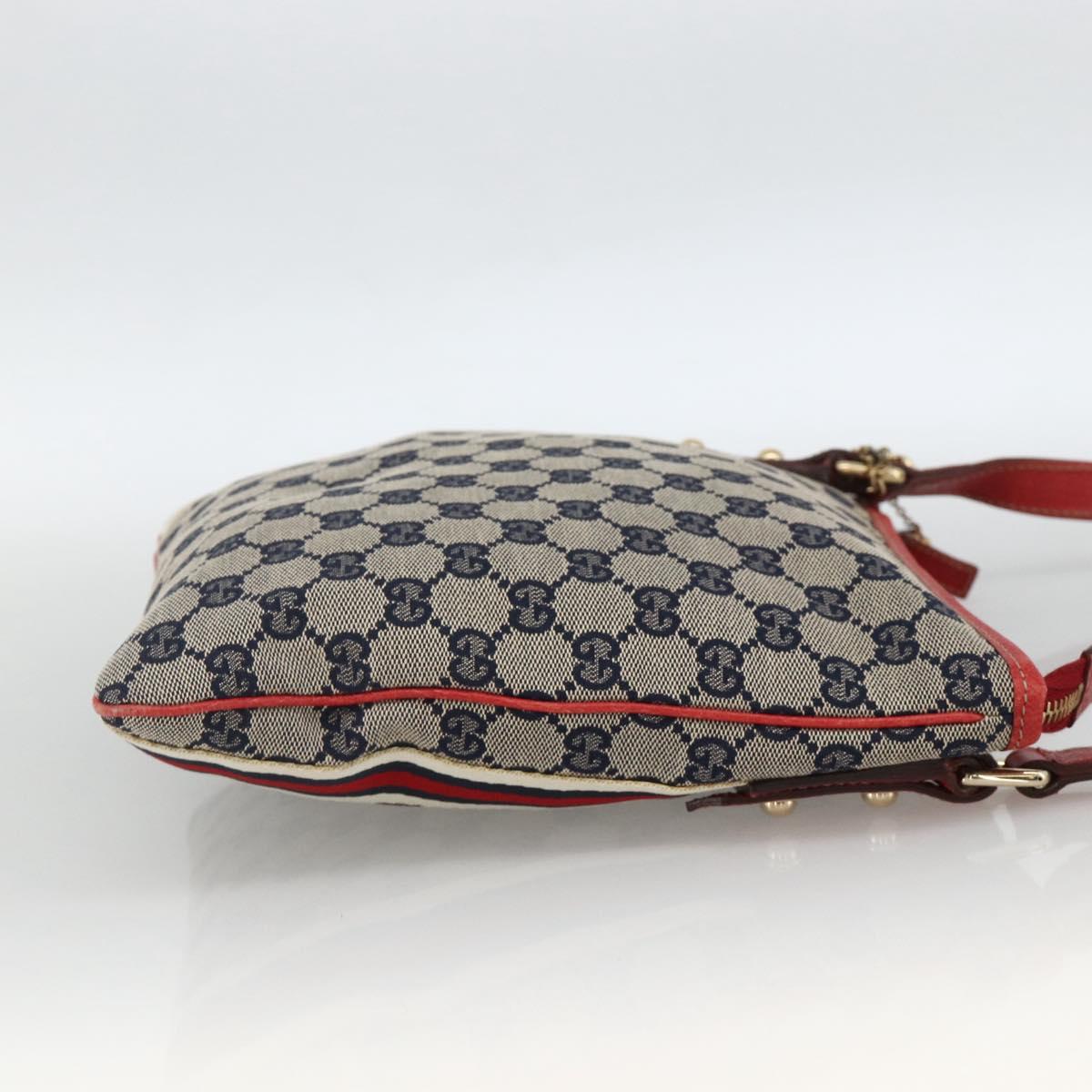 GUCCI GG Canvas Sherry Line Shoulder Bag Navy Gold Red 144388 Auth SW2281A