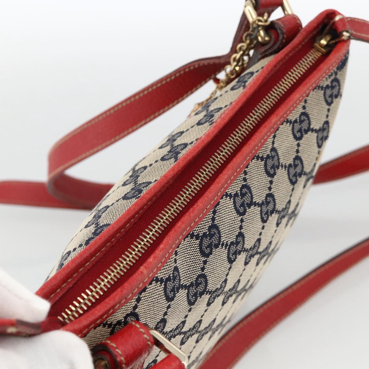 GUCCI GG Canvas Sherry Line Shoulder Bag Navy Gold Red 144388 Auth SW2281A