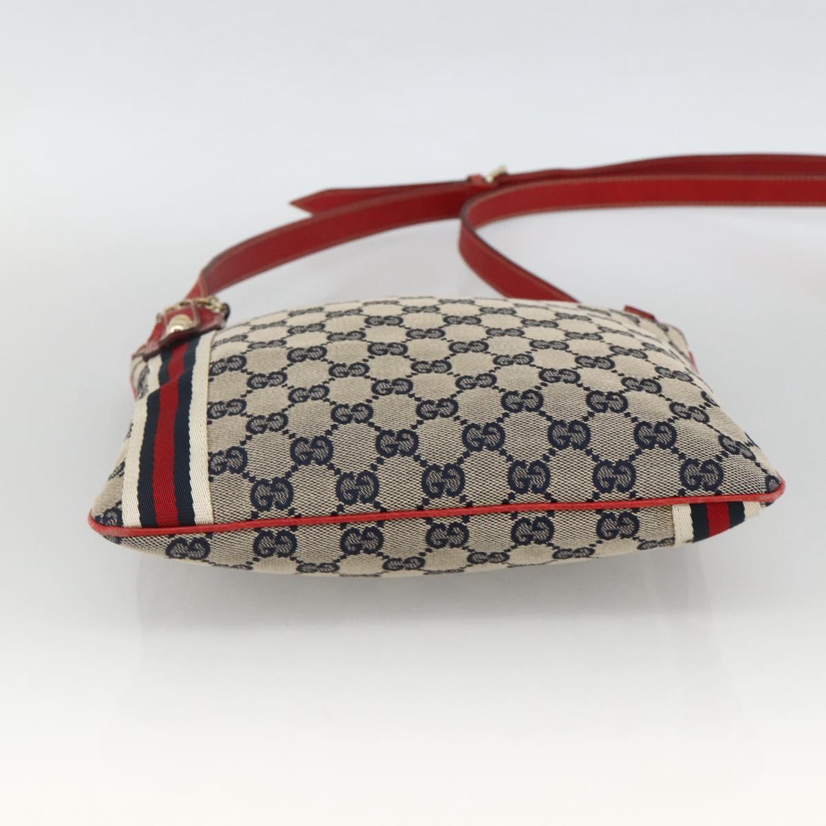 GUCCI GG Canvas Sherry Line Shoulder Bag Navy Gold Red 144388 Auth SW2281A